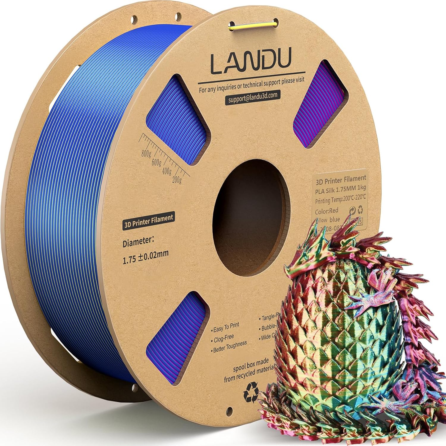 LANDU Silk Tri-Color PLA Filament 1.75mm 1Kg, Silk PLA Filament Rainbow PLA Filament, Neatly Wound 3D Printer Filament, 3 in 1 Multi Color Filament +/-0.02mm, Red Yellow Blue
