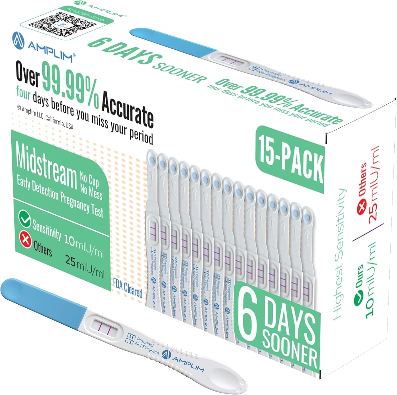 Amplim Early Detection Pregnancy Test, 15 Count – 99.99% Accurate, 10mIU/mL Ultra Sensitive HCG Test Strips, Detects 6 Days Before Missed Period, Easy Midstream Test for Home, Clinic, FSA HSA Approved