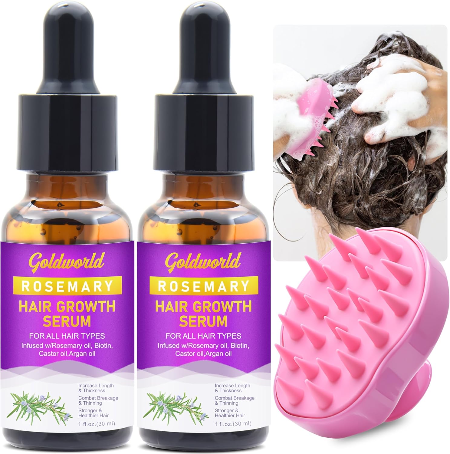 Rosemary Oil for Hair Growth,Hair Growth Serum With Castor Oil Biotin Argan Oil Hot Oil for Dry Damaged Hair,Hair Ingrown Regrowth Loss Treatments for Women Men w/Sclap Massager Ebook