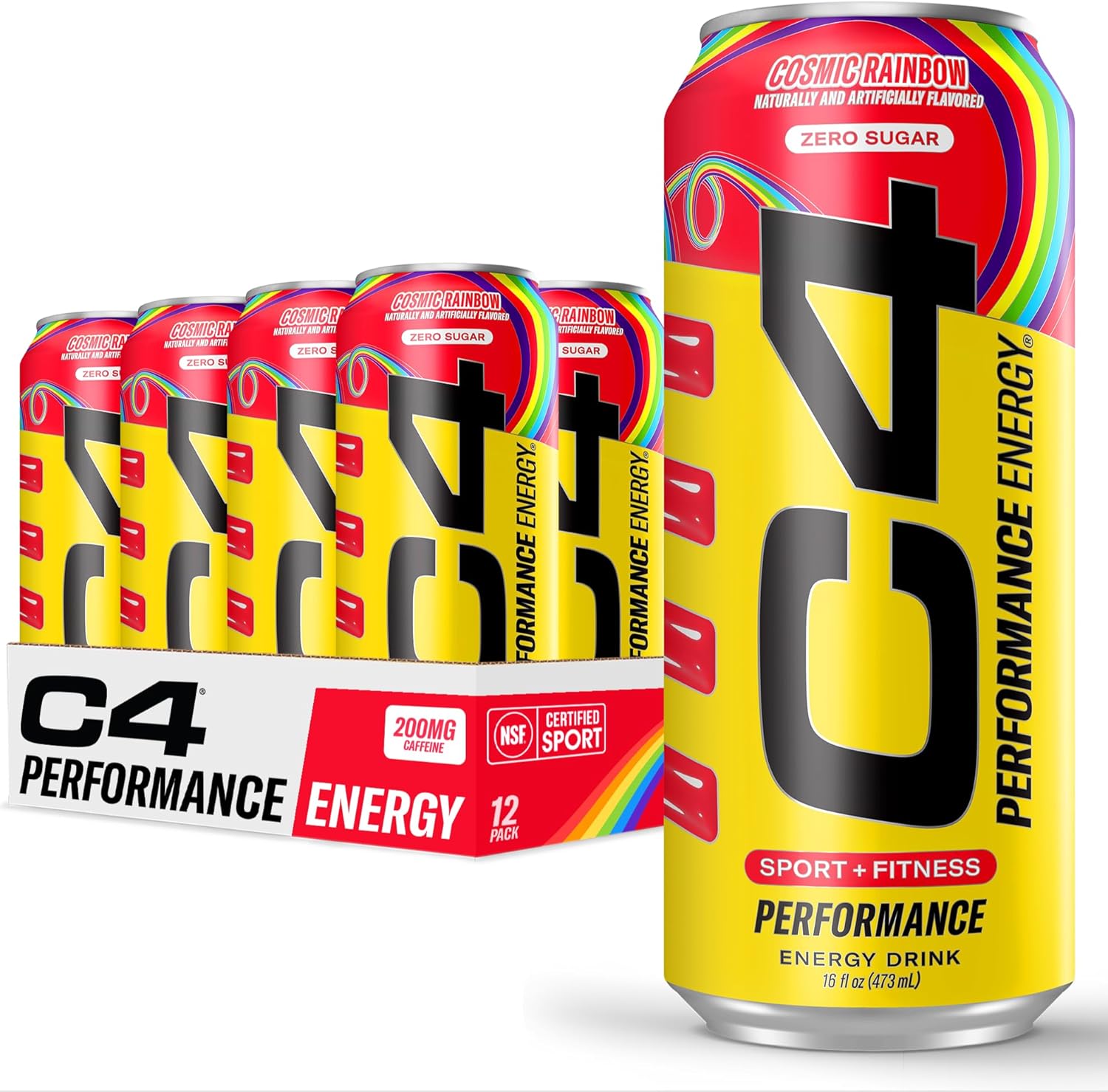 C4 Performance Energy Drink Cosmic Rainbow, Zero Sugar Carbonated Preworkout Energy, 200mg Caffeine with Beta Alanine, 16 Fl Oz (12 Pack), Packaging May Vary