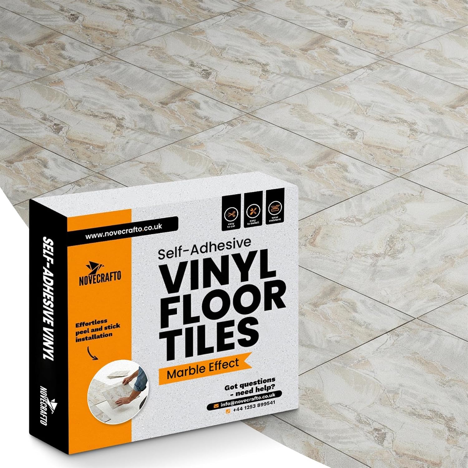 NOVECRAFTO Self Adhesive Vinyl Floor Tiles, Beige Marble Flow, Pack of 30