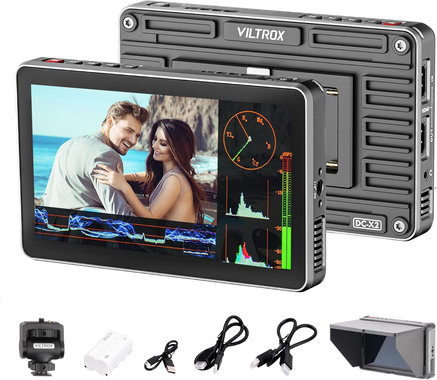 VILTROX DC-X2 2000Nits Video Field Monitor, 6 Inch Touchscreen 4K HDMI On Camera Monitor, Full HD 1920x1080 Video Monitoring 3D Lut, RGB Parade, Focus Peaking, with Sunshade Hood Battery