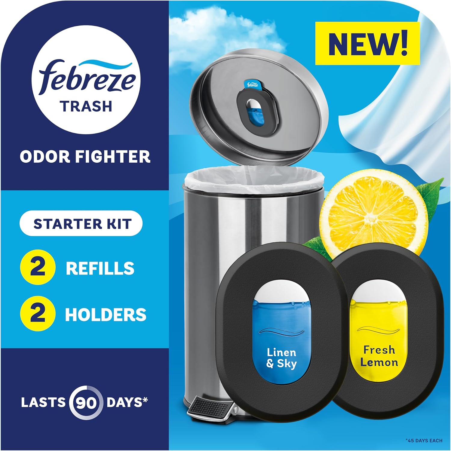 Febreze Odor Fighter, Can Air Freshener, Stick-On Deodorizer for Garbage Cans, Diaper Pails, Works with Scented Bags, Fresh Lemon and Linen & Sky Scents, 2 Holders + 2 Refills