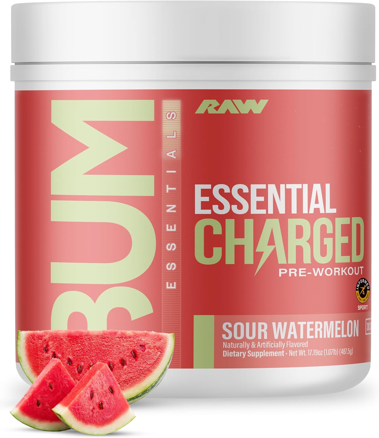 RAW Pre-Workout Powder, Essential CHARGED (Sour Watermelon) - Preworkout Supplement for Men & Women - Supports Focus, Mood & Performance - Caffeine, Alpha-GPC, L-Citrulline, Beta Alanine (25 Servings)