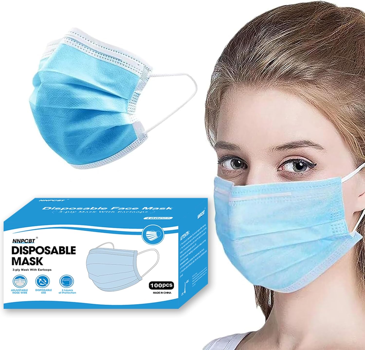 NNPCBT Blue Disposable Face Masks 100 Pack,3-Ply Breathable Mask For Adults,Great For Outdoors,Home, Office, School