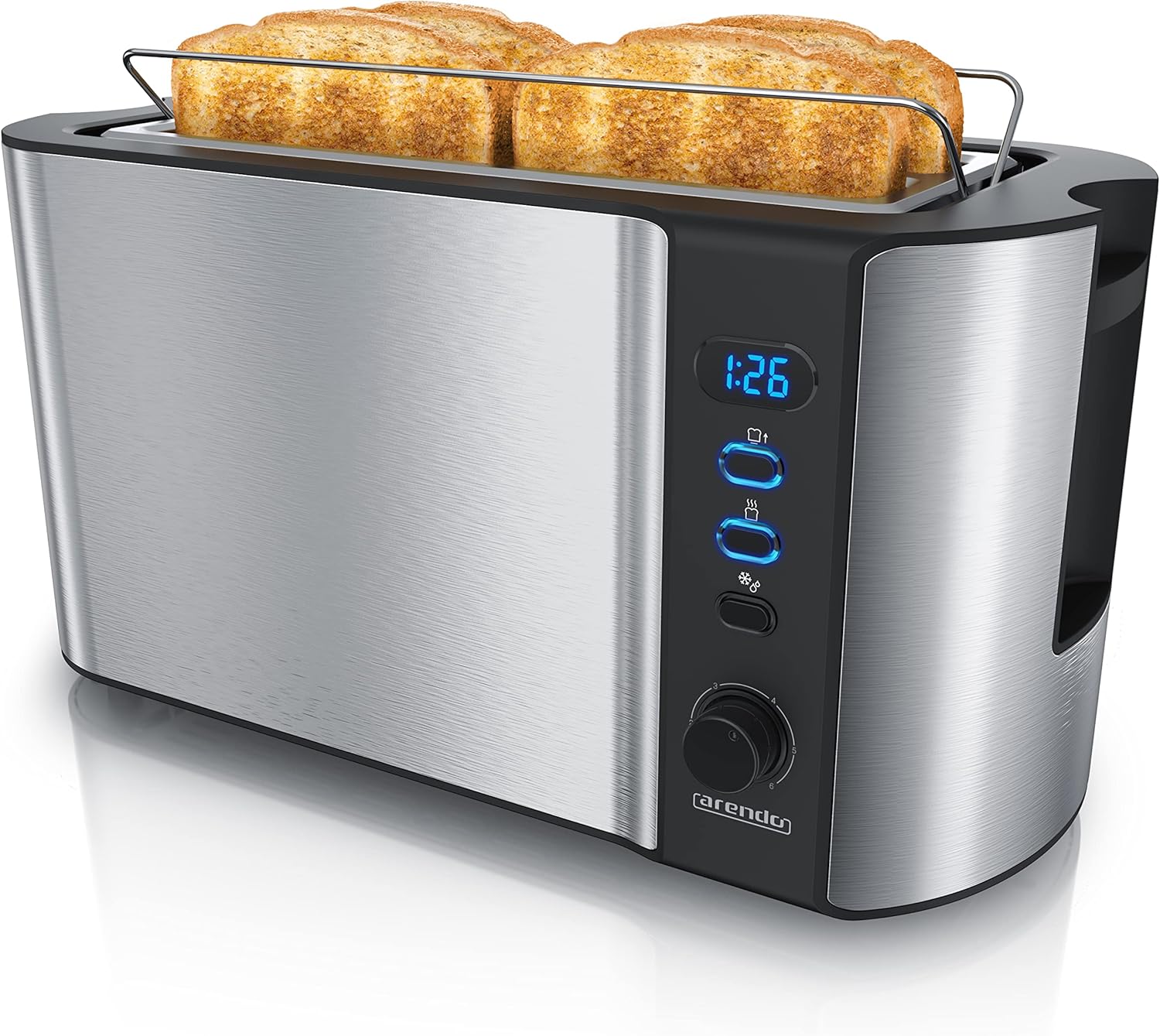 arendo - Frukost 4 slice long slot toaster - double wall housing – with warming rack – 6 browning settings – auto bread centring – reheat defrost cancel function– remaining time display