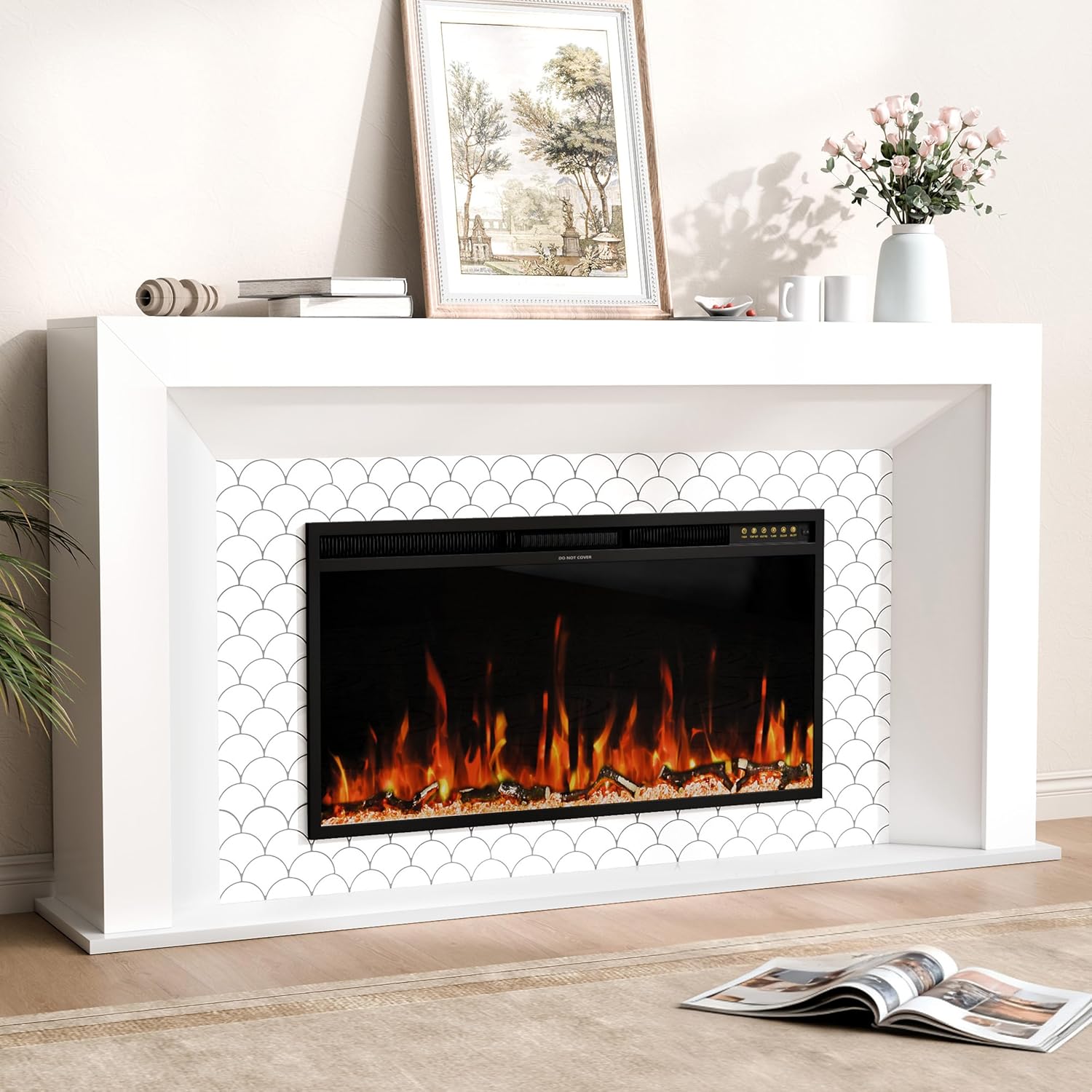 65 inch Electric Fireplace with Mantel, Fireplace TV Stand with 36" Insert Heater for Living Room Bedroom, 12 Flame Colors, Remote Control, Touch Screen, Timer, Oyster Shell White