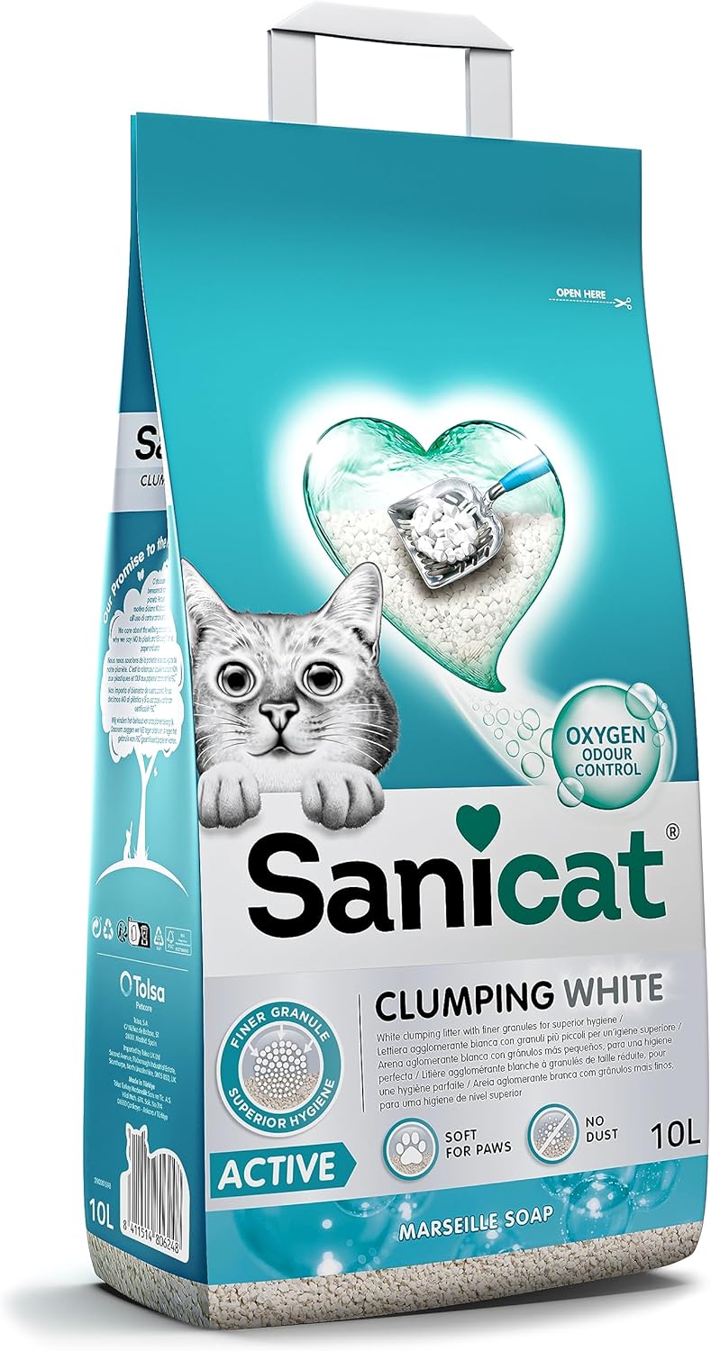 Sanicat - White Ultra-Clumping Cat Litter - Marseille Soap Scented | Made from natural minerals with guaranteed odor control | Absorbs moisture and forms clumps for easy cleaning | 10 L capacity.