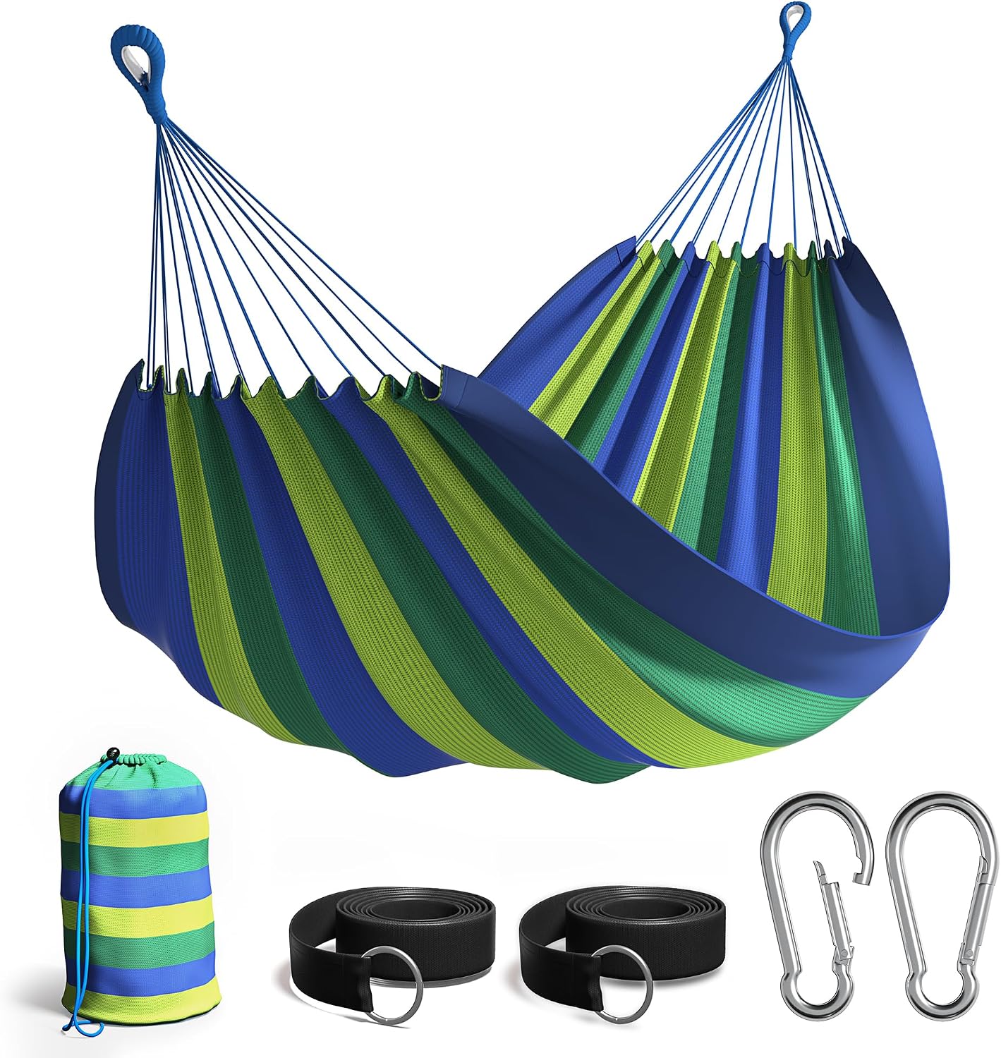Sorbus Brazilian Double Hammock, Cotton Bed (Blue/Green Stripes) | Portable extra-long two-person design includes rope and a carrying pouch for patios, yards, bedrooms and outdoor spaces.