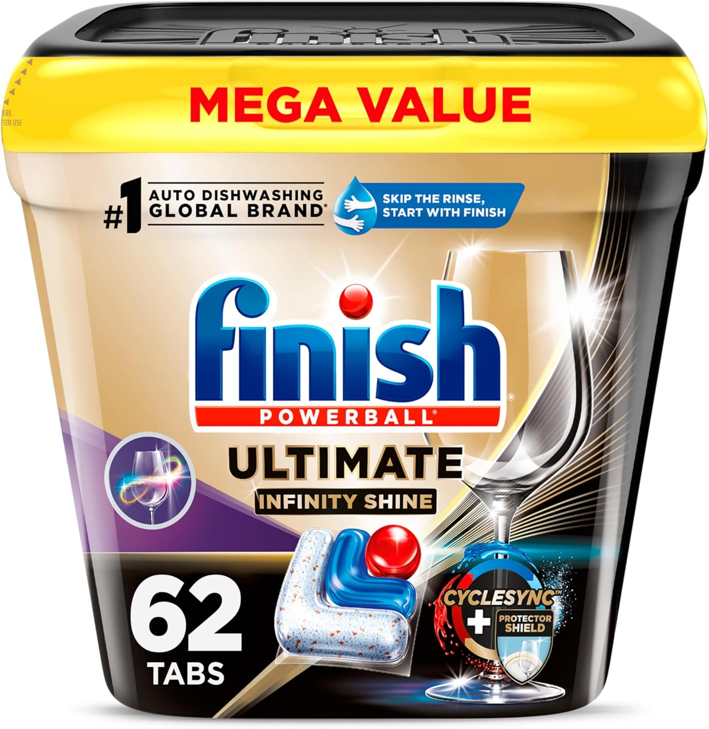 Finish Ultimate Infinity Shine Dishwasher Pods, No Pre-Rinse Dishwasher Detergent Soap Removes Burnt-On Stain, with Protector Shield & CycleSync Technology, Degreasing & Scrubbing Power, 62 Count