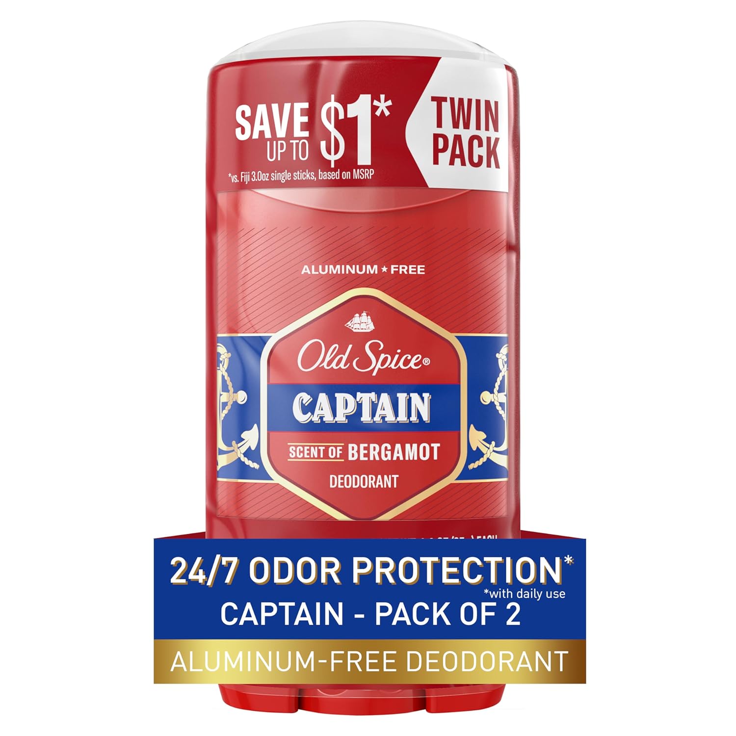Old Spice Deodorant for Men, Aluminum Free, 24/7 Odor Protection, Captain with Bergamot Scent, 3 oz (Pack of 2)