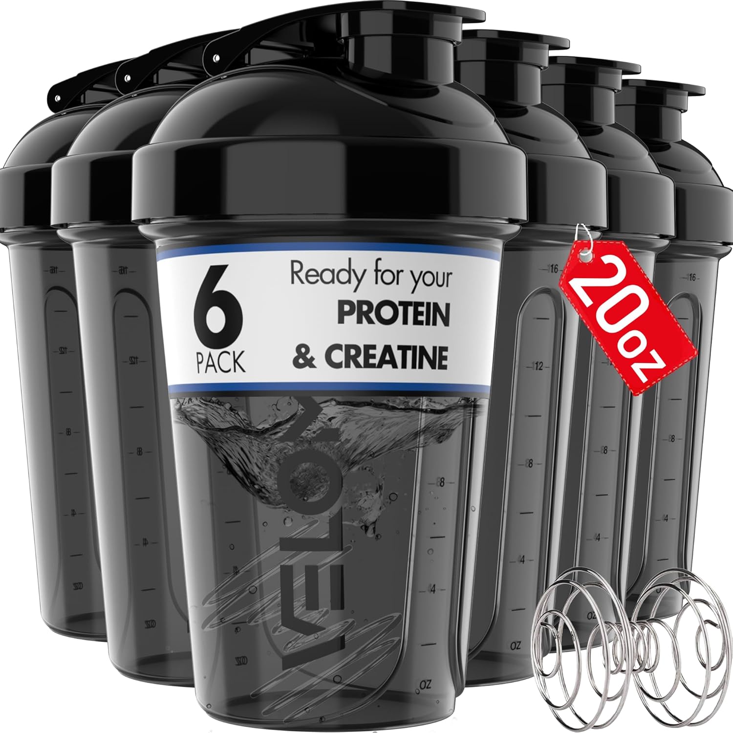 -6 PACK- 20 OZ Protein Shaker Bottles for Protein Mixes, Shaker Cups for Protein Shakes, Small Shaker Bottle Pack, Shaker Cup, Shakers for protein Shakes (20 OZ - 6 PACK BLACK)