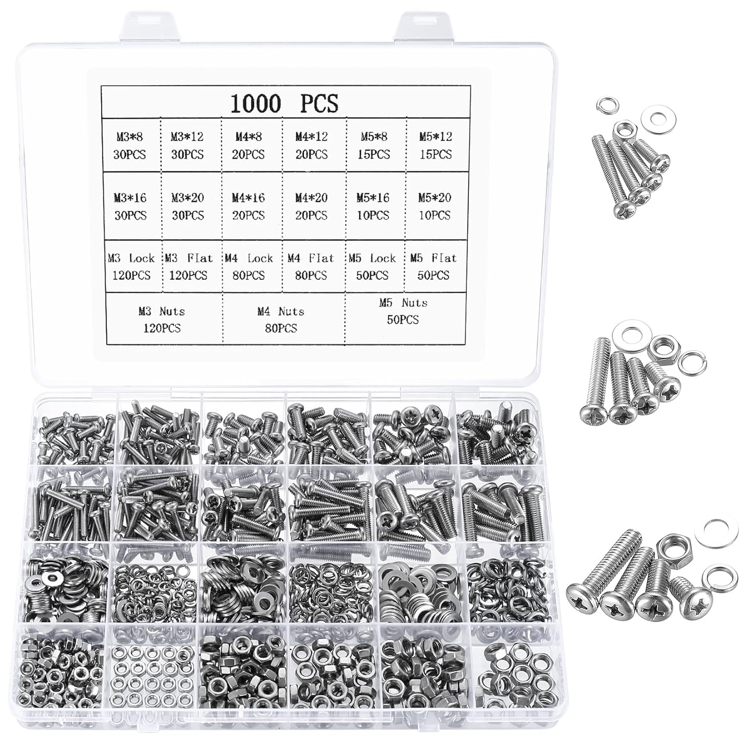 1000 Pcs M3 M4 M5 Bolts Set, Nuts and Bolts Assortment Set, Cross Round Head Screws and Nuts and Washers Set, Stainless Steel Machine Screws Washers Set