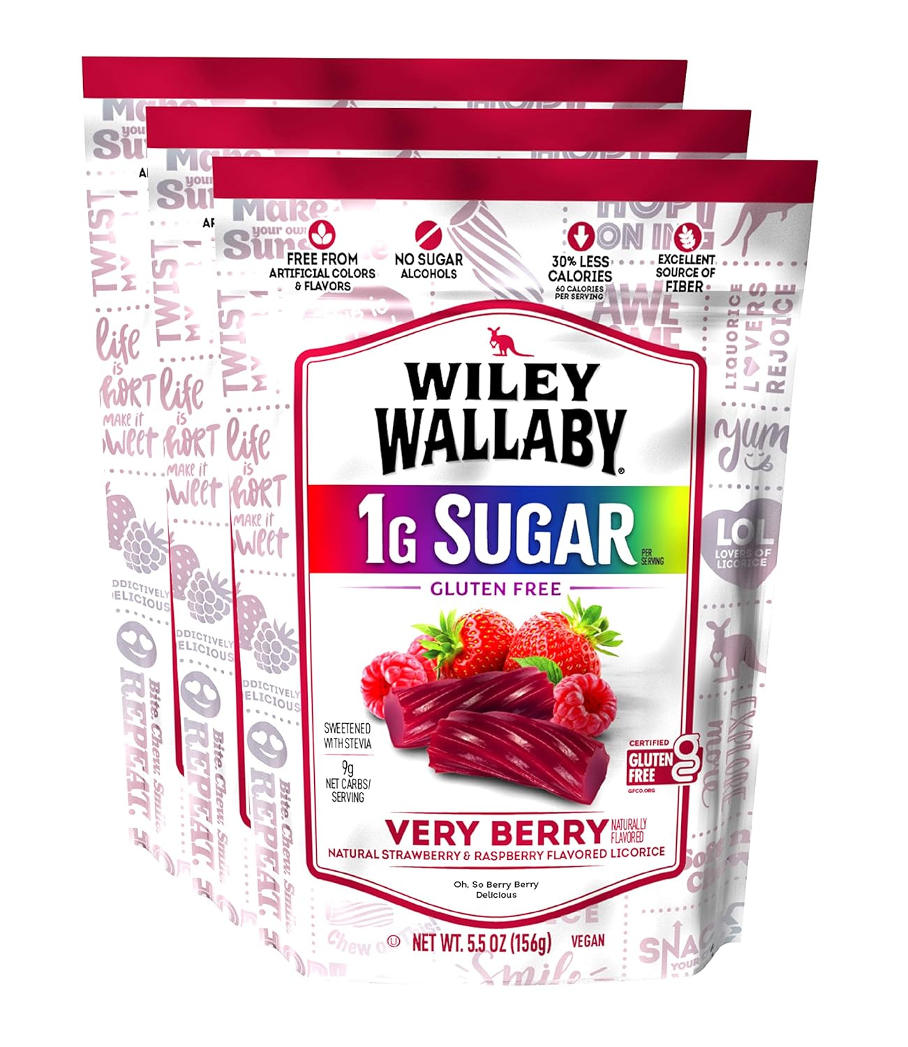 Wiley Wallaby 5.5 Ounce Very Berry Low Sugar Gluten Free Gourmet Australian Style Soft & Chewy Licorice Candy Twists (5.5 Ounce (Pack of 3))