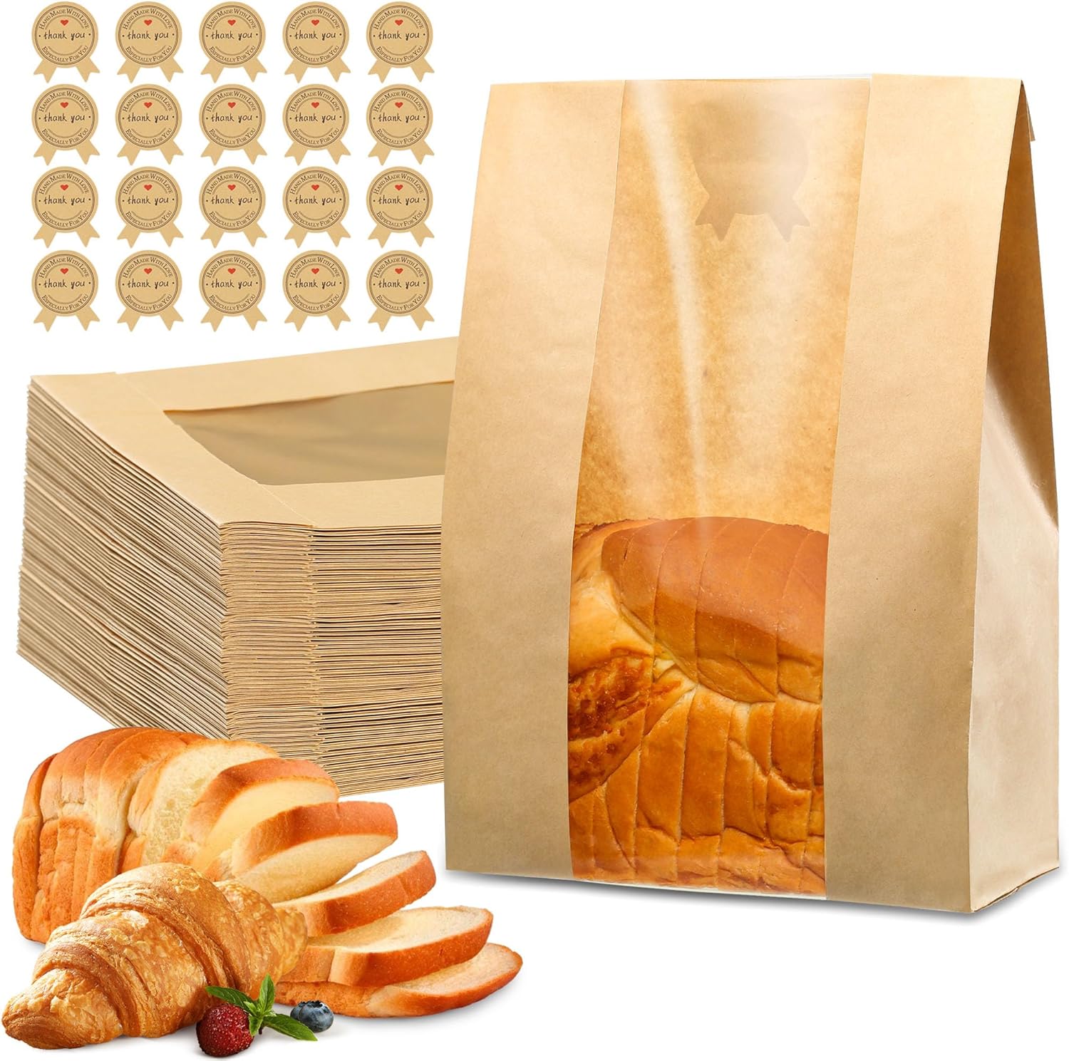50 Pcs Bread Bags for Homemade Bread, Sourdough Paper With Window, 50% Thicker 13.7x8.2x3.7in A Large Bakery Bags Used for Storage Cookies & Snacks, 60 Cute Sealing Stickers With Ties