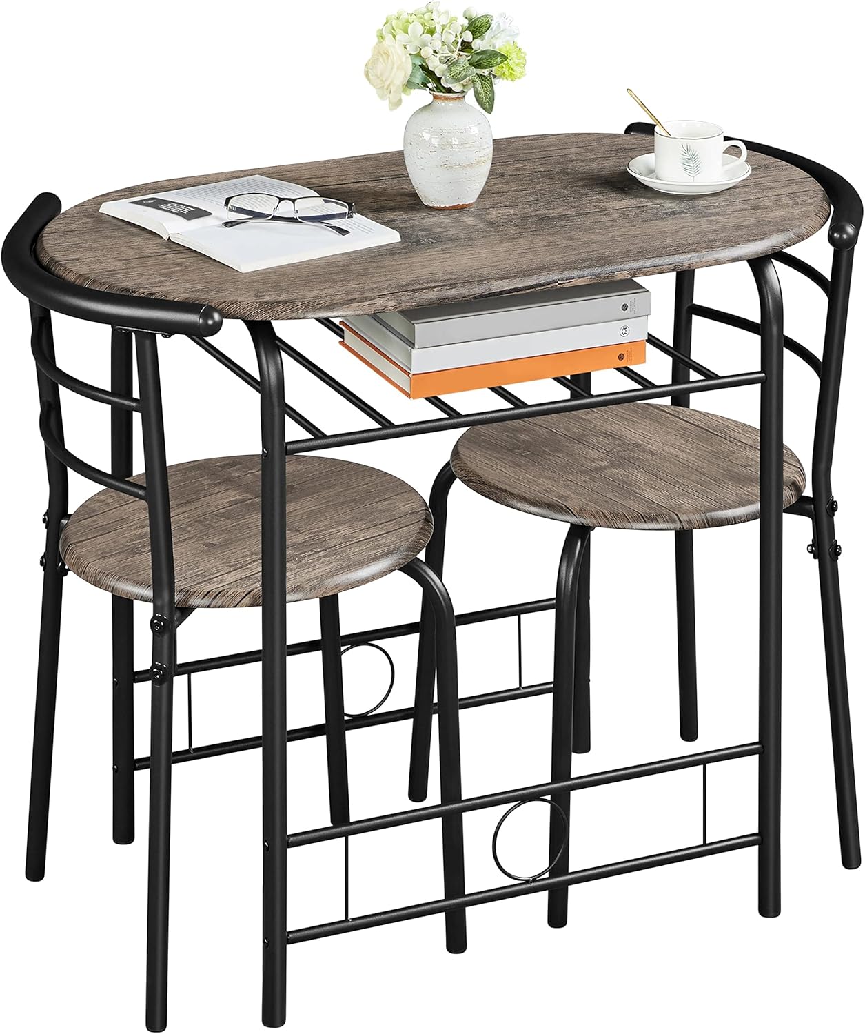 Yaheetech 3 Piece Dining Room Set, Modern Round Dining Table & Chairs Set for 2, Compact Breakfast Bar Table Set with Metal Legs and Shelf, Built-in Wine Rack for Dining Room, Living Room, Drift Brown