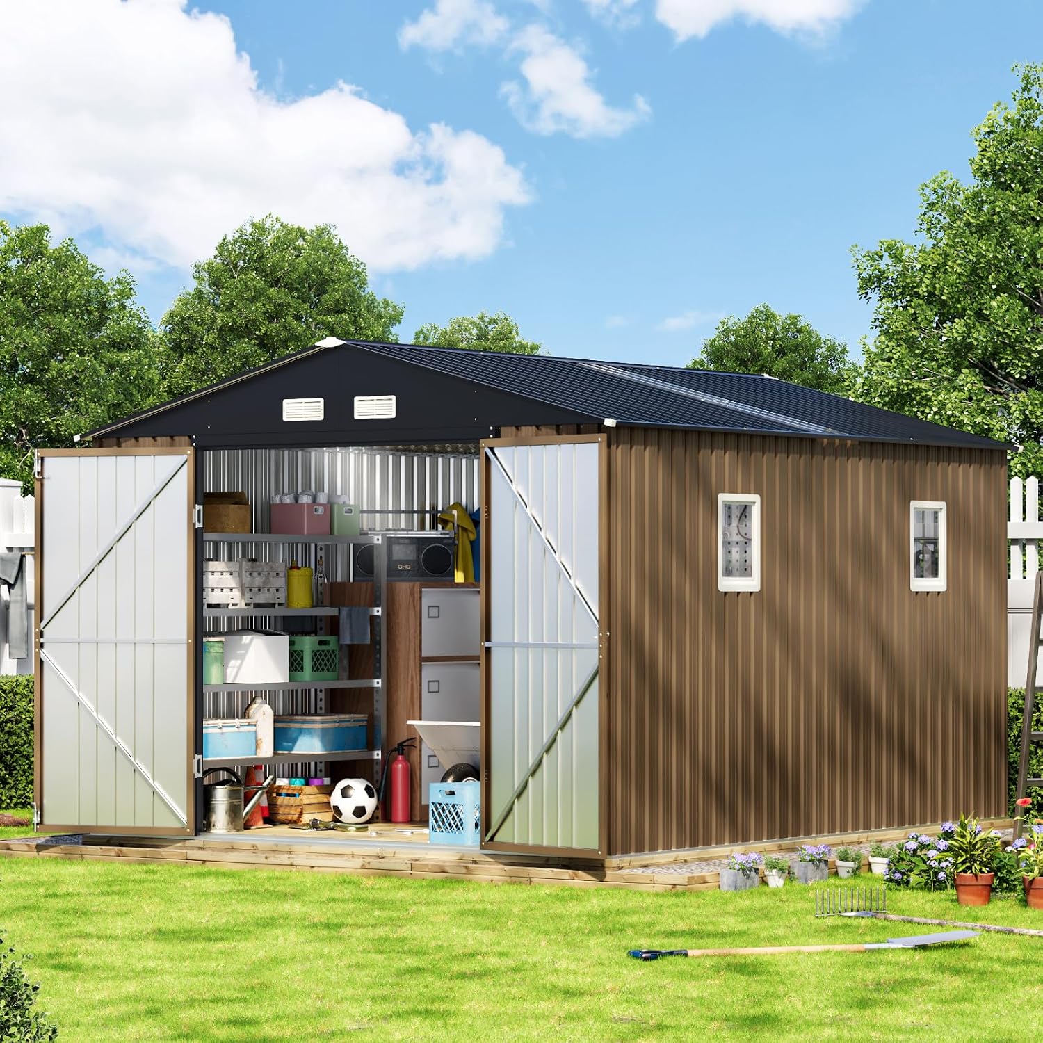 10X12X7.5 FT Outdoor Steel Storage Shed with Lockable Doors, 2 Windows, Transparent Roof Panels (Wood Panels & Frame Floor Not Included), Ideal for Patio Storage,Garbage Can, Chicken Coop，Brown