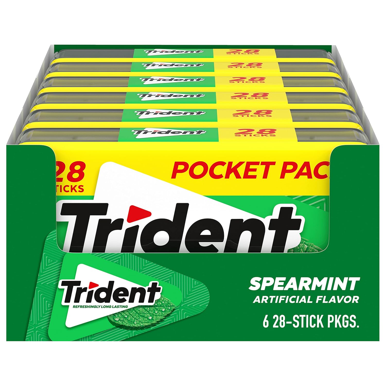 Trident Spearmint Sugar-Free Chewing Gum, 6 Pocket Packs of 28 Pieces (168 Total Pieces)