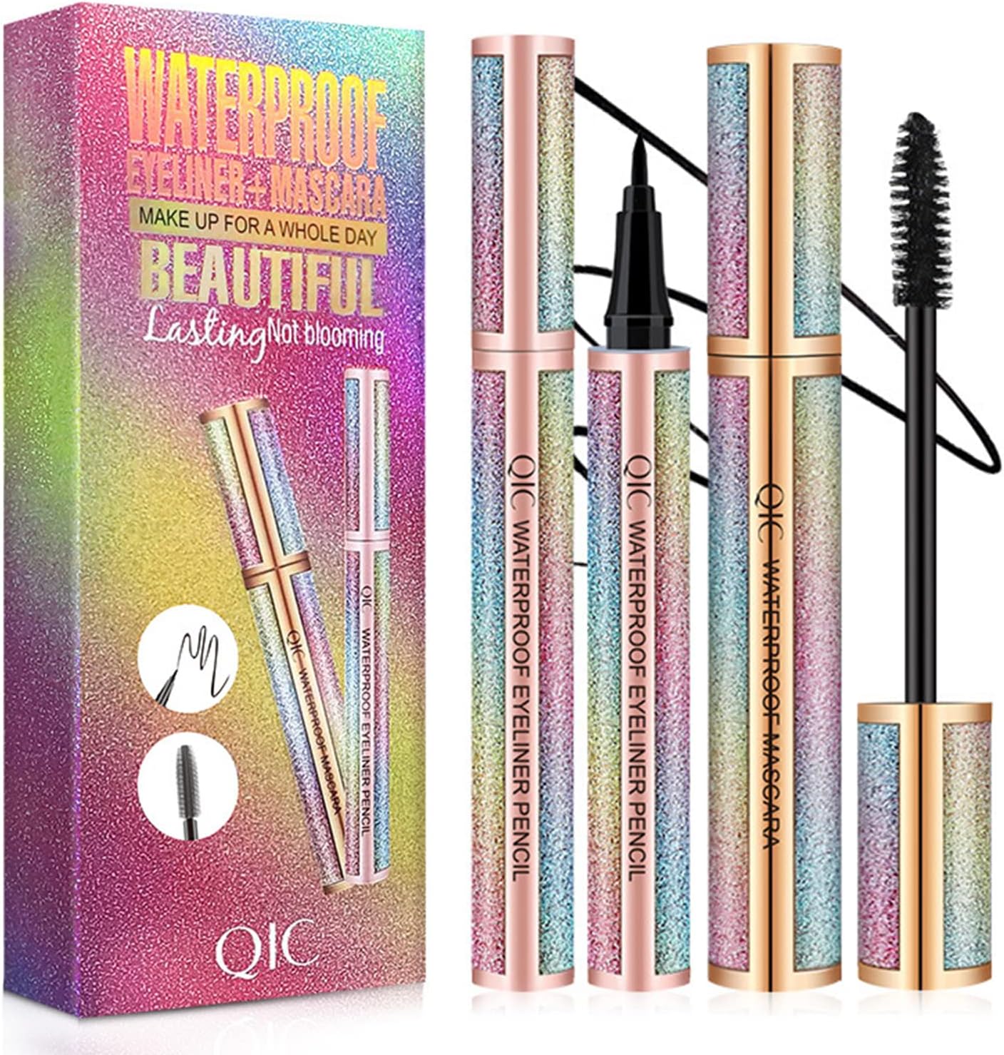 QIC Mascara,Black Mascara&Eyeliner Set,4D Mascara with Liquid Eyeliner Kit,Waterproof,Sweat-Proof,Smudge-Proof,Long Lasting,Quick Drying Perfect Eyes Makeup Set Gifts for Christmas