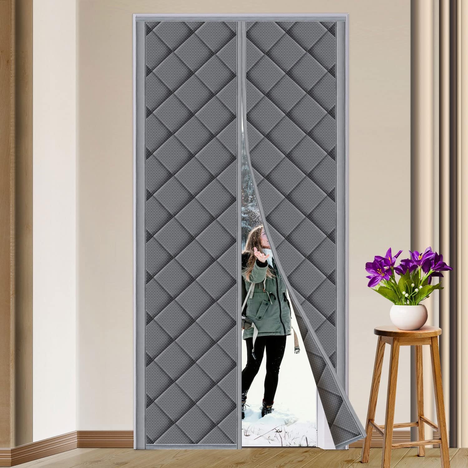 Magnetic Thermal Insulated Door Curtain Fits Door Size 38" x 82" Thicken Nylon Cotton Temporary Magnet Closure Thermal Door Cover Size W40 x L83 inch Weatherproof Windproof Soundproof, Grey