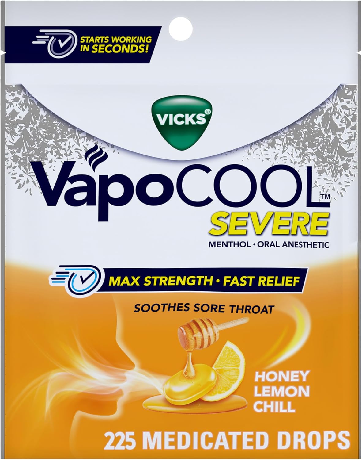 Vicks VapoCOOL SEVERE Medicated Sore Throat Drops, Fast-Acting Max Strength Relief, Soothes Sore Throat Caused by Cough, Powerful Vicks Vapors, Menthol, Honey Lemon Chill, 225 Total (5 Packs of 45)