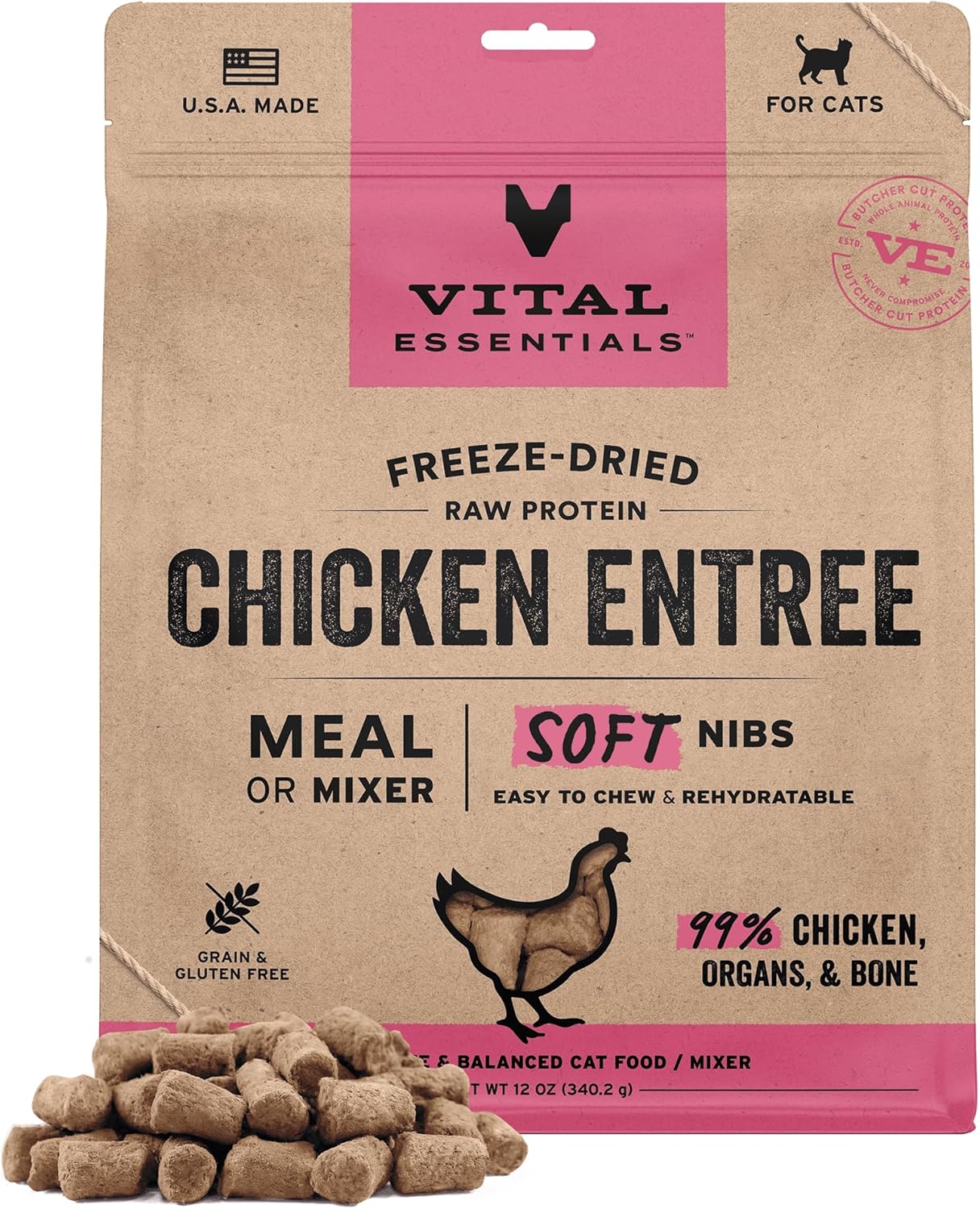 Vital Essentials Freeze-Dried Raw Chicken Meal or Mixer Cat Food Soft Nibs, 12 oz