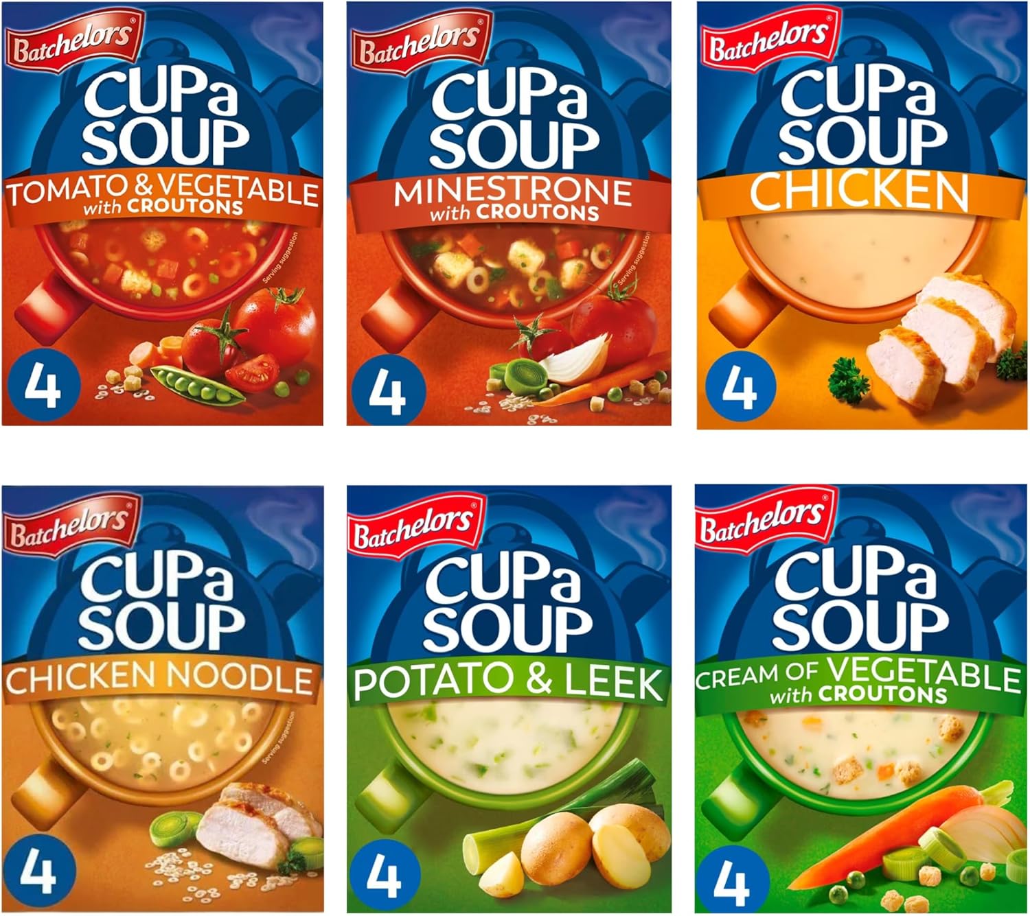 Batchelors Cup a Soup Multipack - Cuppa Soup Tomato, Leek & Potato, Minestrone, Chicken, Vegetable, Asparagus (Pack of 6)