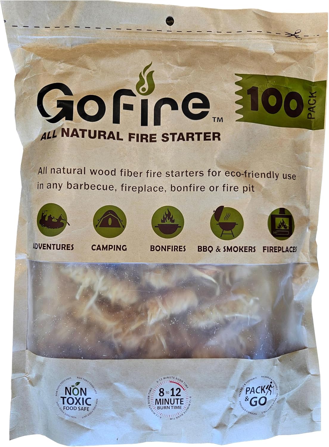 GoFire: All Natural Fire Starters - 100 Pack - Non-Toxic, Wood Fibers, Indoor & Outdoor, Earth-Friendly, for Campfires, Fireplaces & More