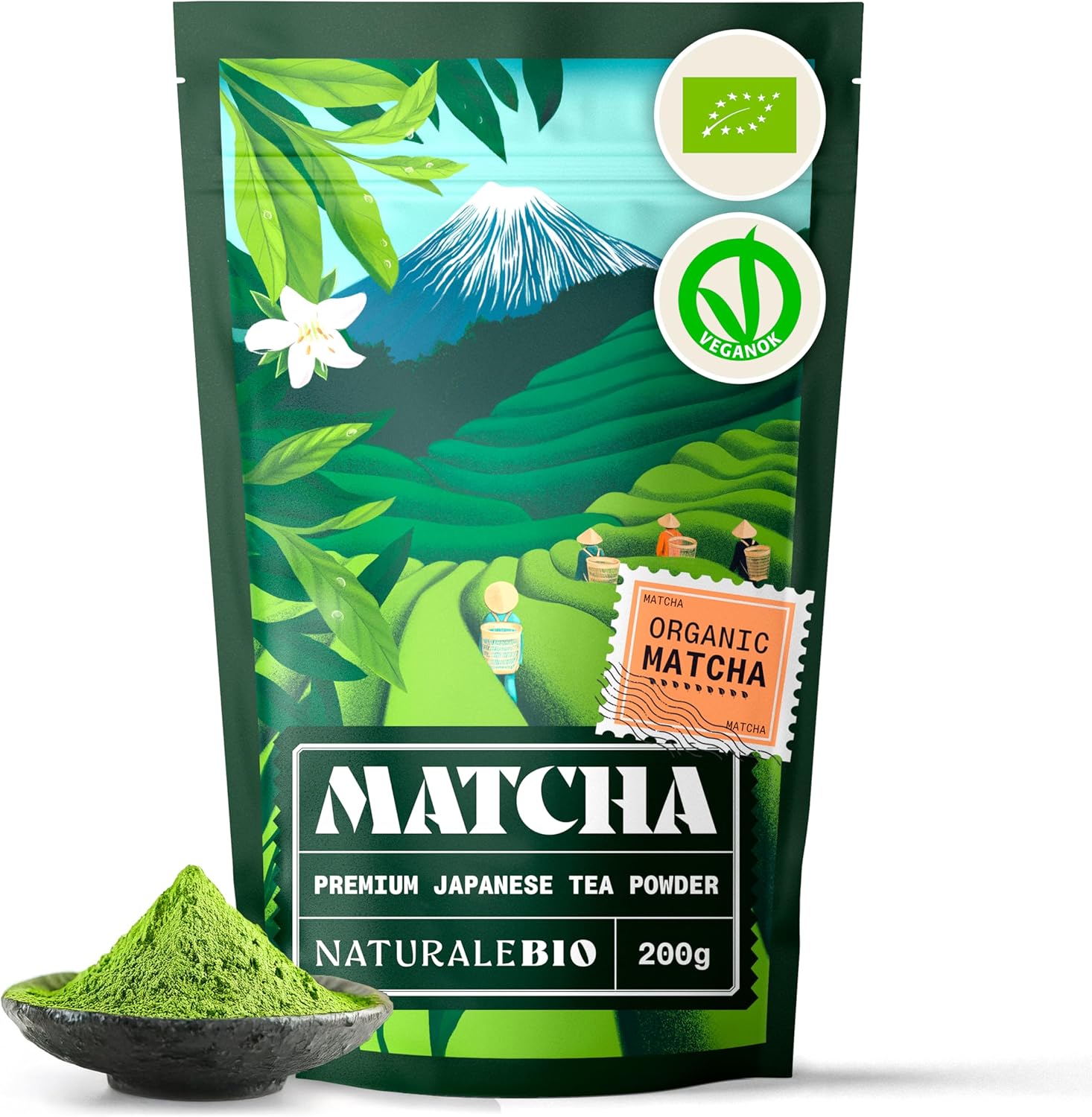 NaturaleBio Japanese Organic Matcha Green Tea Powder - Premium Grade - 200g. Tea Produced in Japan, Uji, Kyoto. Use for Drinking, Smoothie Making and with Milk. Vegan & Vegetarian Friendly