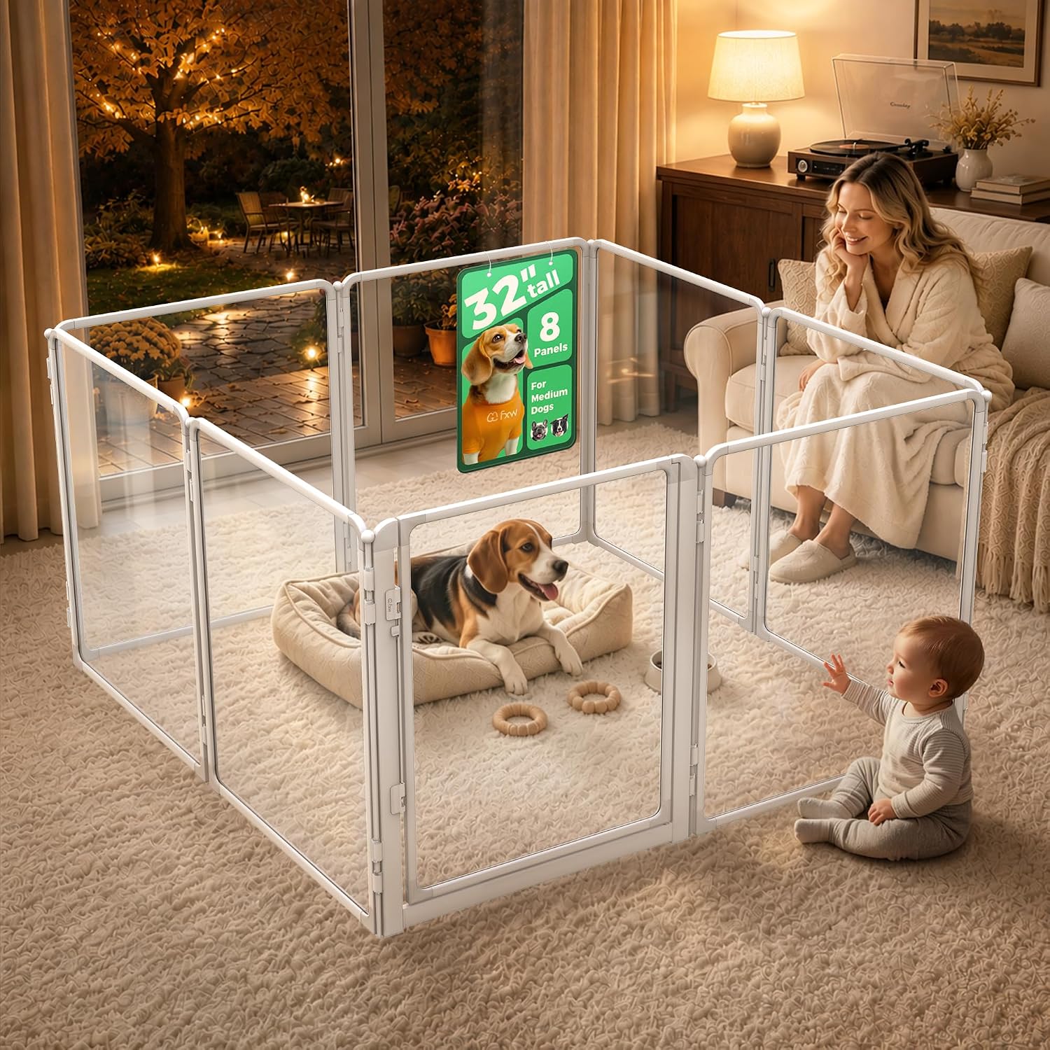 FXW AuraSpace Pro Clear Acrylic Indoor Dog Playpen, 32" H, 8 Panels