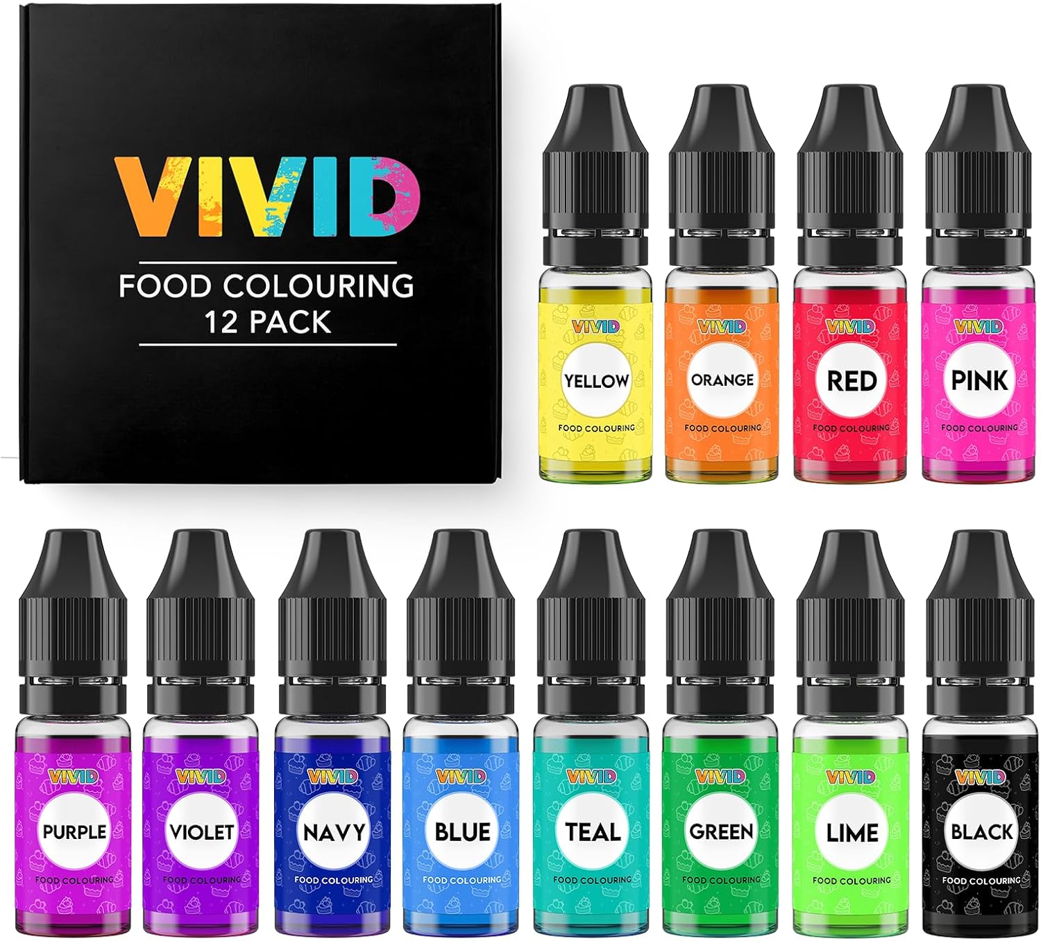 VIVID Food Colouring Set (12 x 10ml Bottle) - Edible Concentrated Liquid Colours Kit for Baking, Cake Decorating, Fondant, Icing and Cooking - Vibrant Colouring Dye for Eggs and Crafts - Made in UK