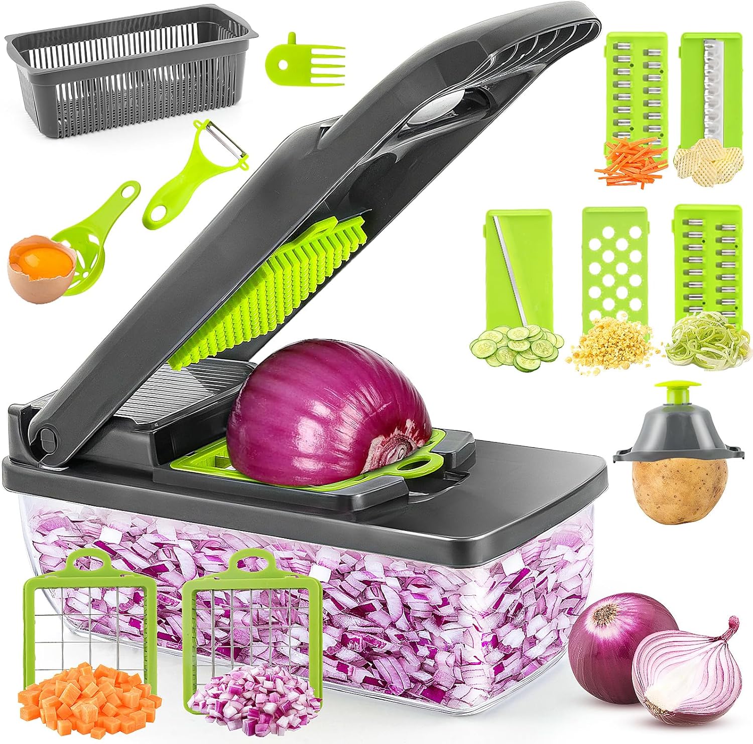 Vegetable Chopper Cutter Slicer, 3-in-1 Multifunctional Veggie Chopper with 8 Blades, Mandoline Slice for Salad, Onion, Garlic, Food Chopper with Container, Essential Kitchen Tool - Grey Green