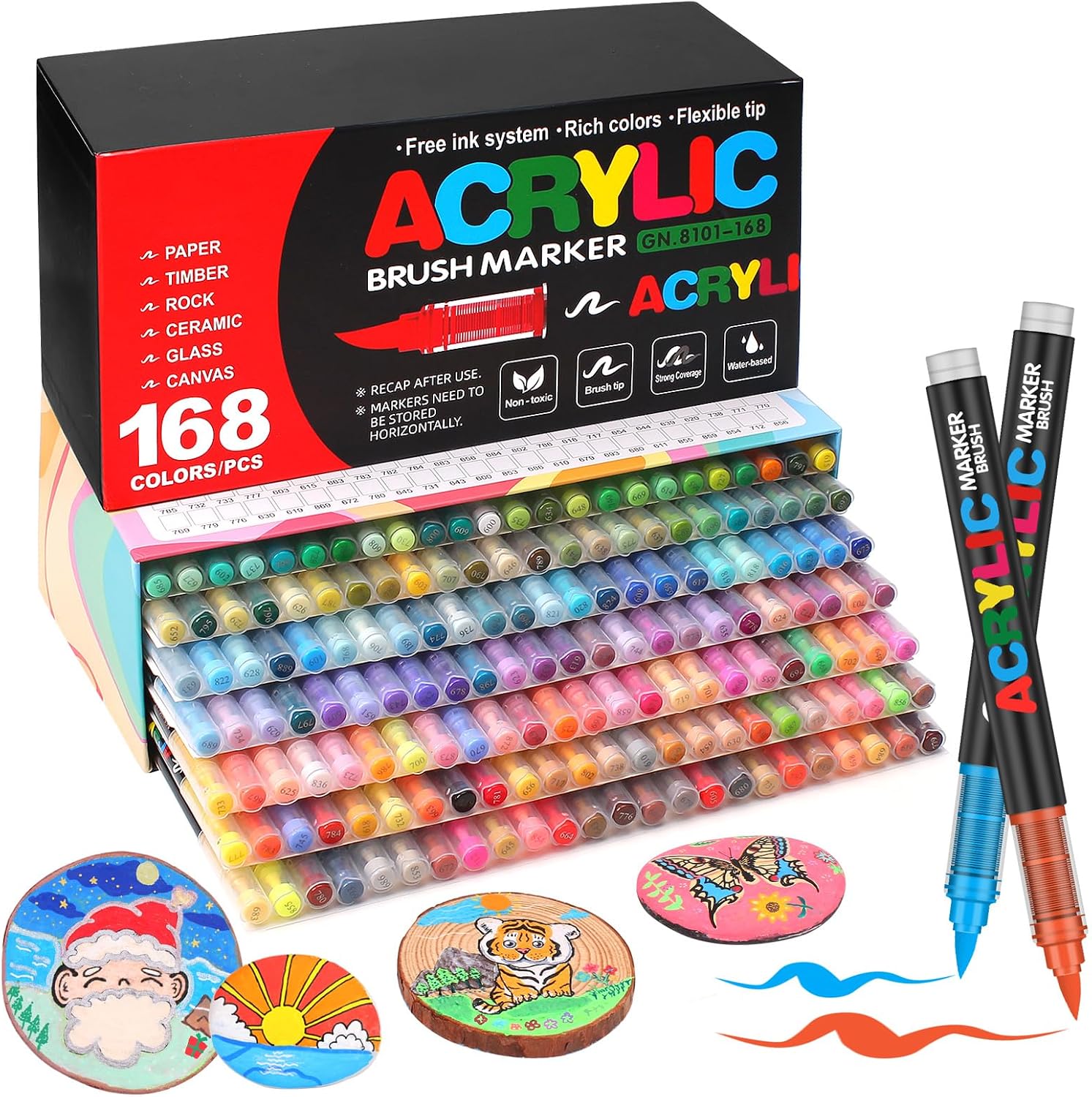Laconile 168 Colours Accrylic Paint Brush Markers Set -Paint Pens Acrylic Markers for Rock Painting Cermic Glass Stone Metal Fabric, Water-based Acrylic Paint Pens with 1-5MM Flexible Brush Tip