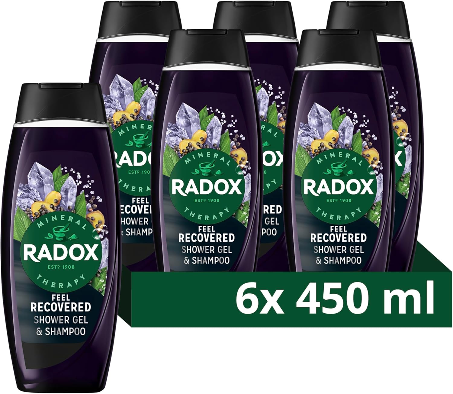 Radox Mineral Therapy Feel Recovered 2-in-1 Shower Gel & Shampoo Men's Body Wash with magnesium and a black pepper & ginger scent for a soothing experience 6x 450 ml