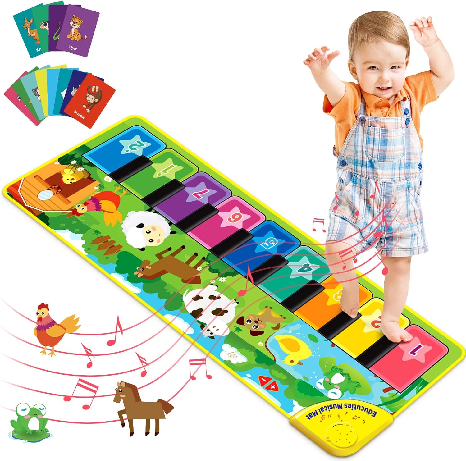 Baby Musical Learning Toys , Floor Piano Playmat for Toddlers with Animal Flash Cards Music Sound for Early Education Touch Keyboard Blanket Birthday for Baby Boys Girls