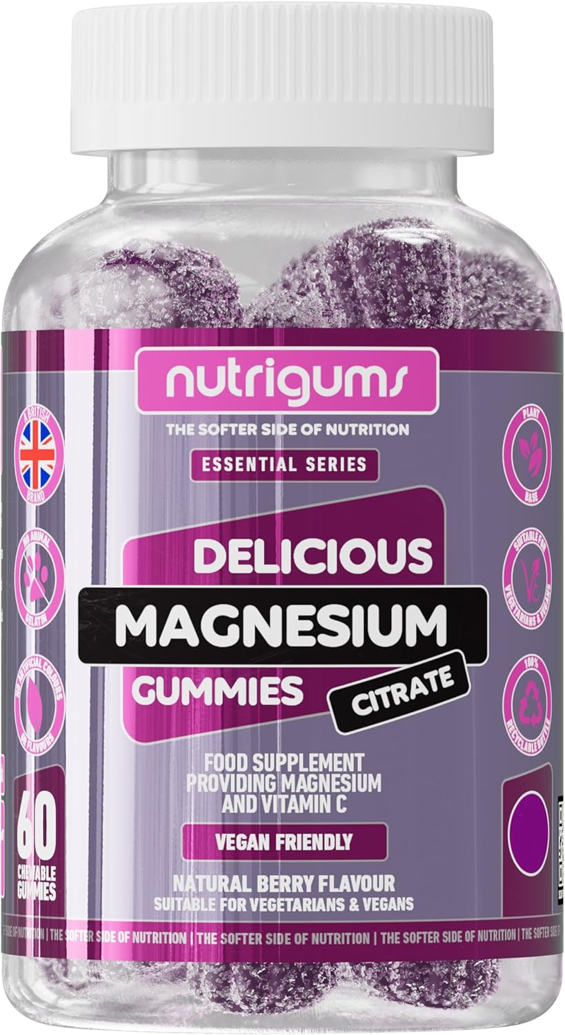 Magnesium Citrate 1250mg & Vitamin C Gummy | High Strength | 150mg of Elemental Magnesium & 80mg Vitamin C | Mixed Berry Flavour | 60 Vegan Gummies | Sleep, Energy & Bone Support by NUTRIGUMS®