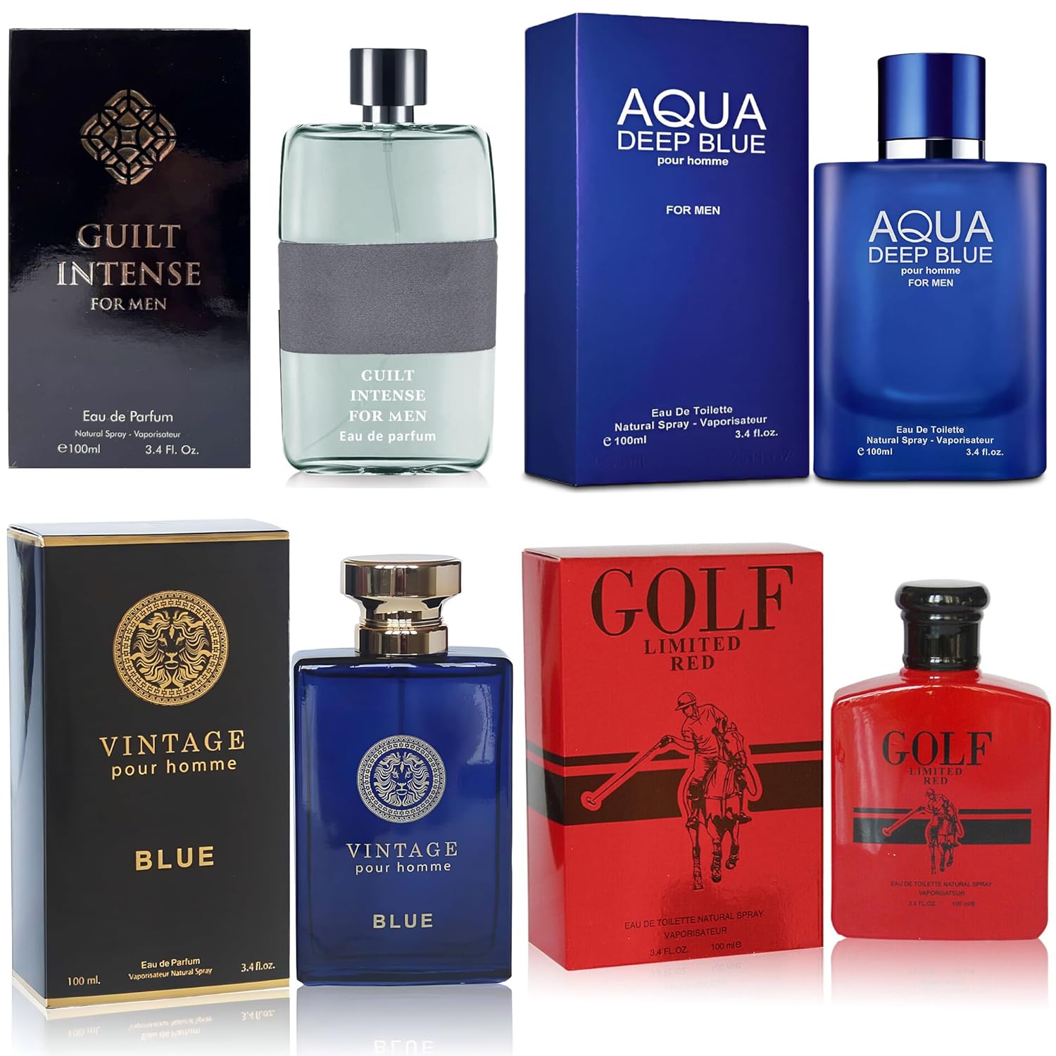 Cologne for Men Set 4 Combo Sets(Vintage Blue,Golf limited red,Aqua Deep Blue,Guilt Intense) Eau De Parfume/Toilette Natural Spray Each 100ML Men Perfume Long Lasting Fragrance for Daily Use