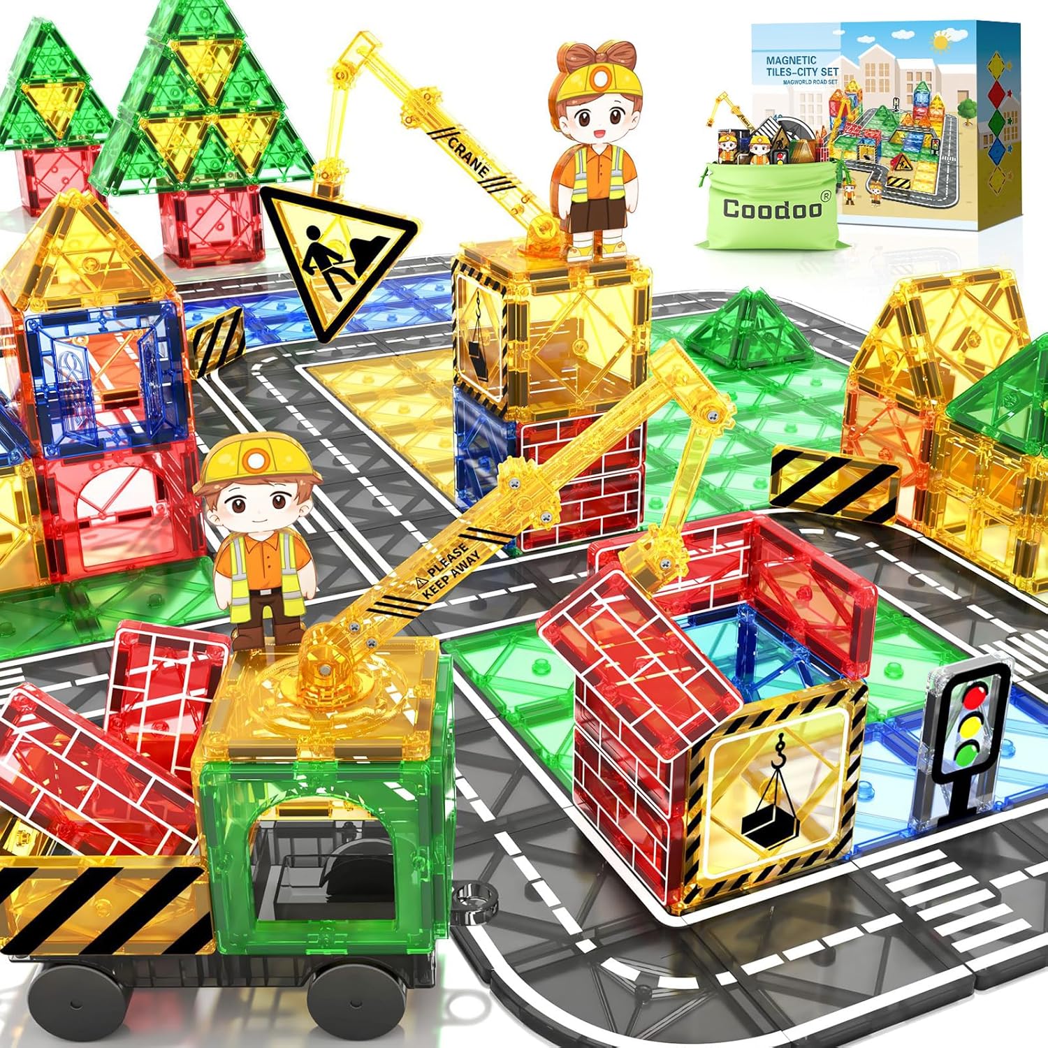 Kids Games Magnetic Tiles Road Set with Extendable Magnetic Crane, City Construction Building Toys for Toddlers STEM Preschool Ages 4-6 5-7, Gifts for 3+ Year Old Boys Girls Kids Toys with Car