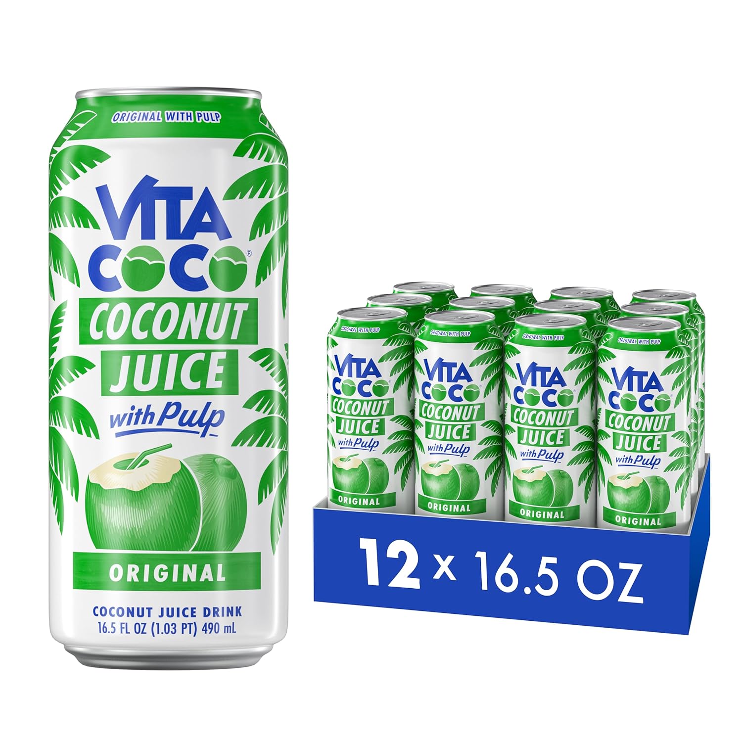 Vita Coco Coconut Juice, Original with Pulp | Big, Bold Coconut Taste | Natural Electrolytes | Sweet, Refreshing Hydration | 16.9 oz can (Pack of 12)