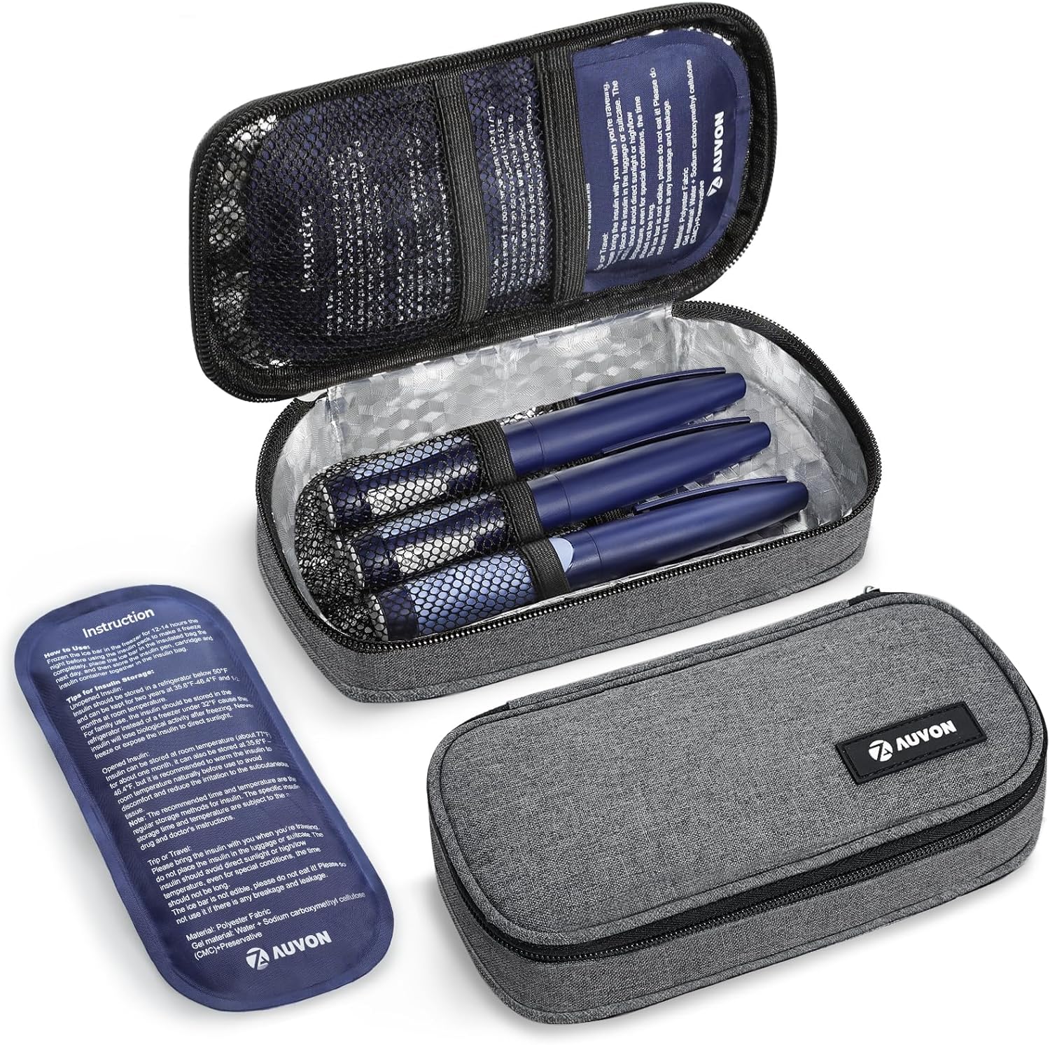 AUVON Portable Insulin Cooler Travel Case, Insulated Diabetic Bag with 2 x 160g Ice Packs for 6-8h Cooling Time, Medication Cooler Bag for Insulin Pens and Blood Glucose Monitor Supplies