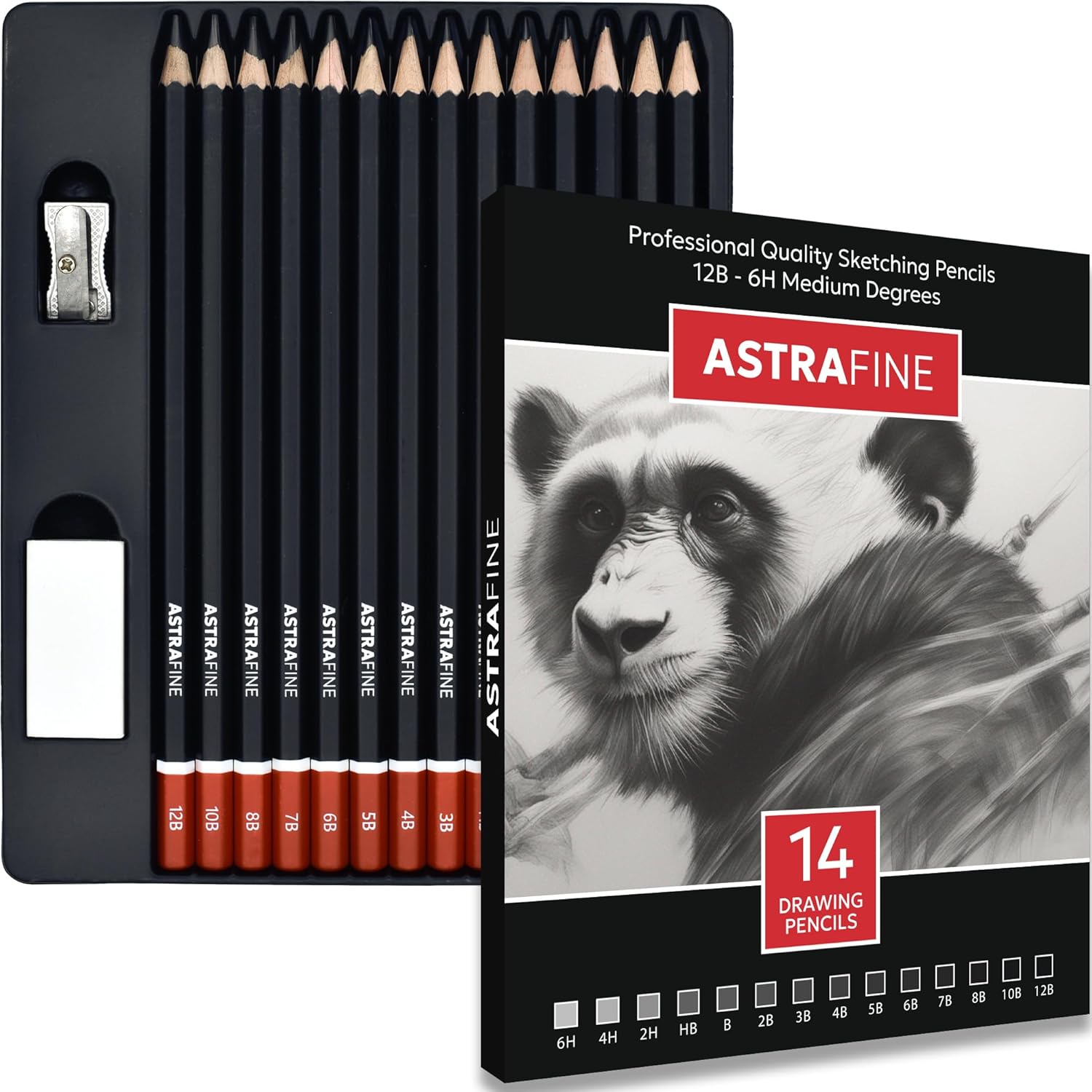 ASTRAFINE 16 Pcs Sketching Pencils Set with Eraser and Sharpener. 14 Premium Drawing Pencils Ideal for Sketching, Shading & Doodling - For Beginners & Professionals