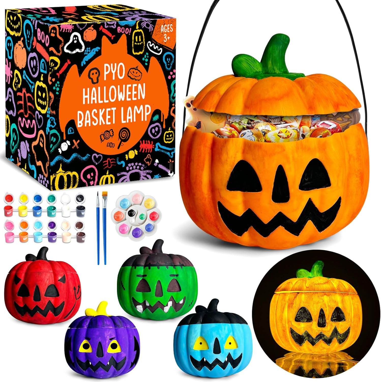 FUNZBO Halloween Painting Crafts for Kids Adults, Pumpkin Painting Kit, 5.7x4.7in Halloween Pumpkin Candy Bucket, Paint Your Own Pumpkin Lamp with Art Supplies