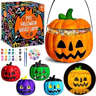 FUNZBO Halloween Painting Crafts for Kids Adults, Pumpkin Painting Kit, 5.7x4.7in Halloween Pumpkin Candy Bucket, Paint Your Own Pumpkin Lamp with Art Supplies