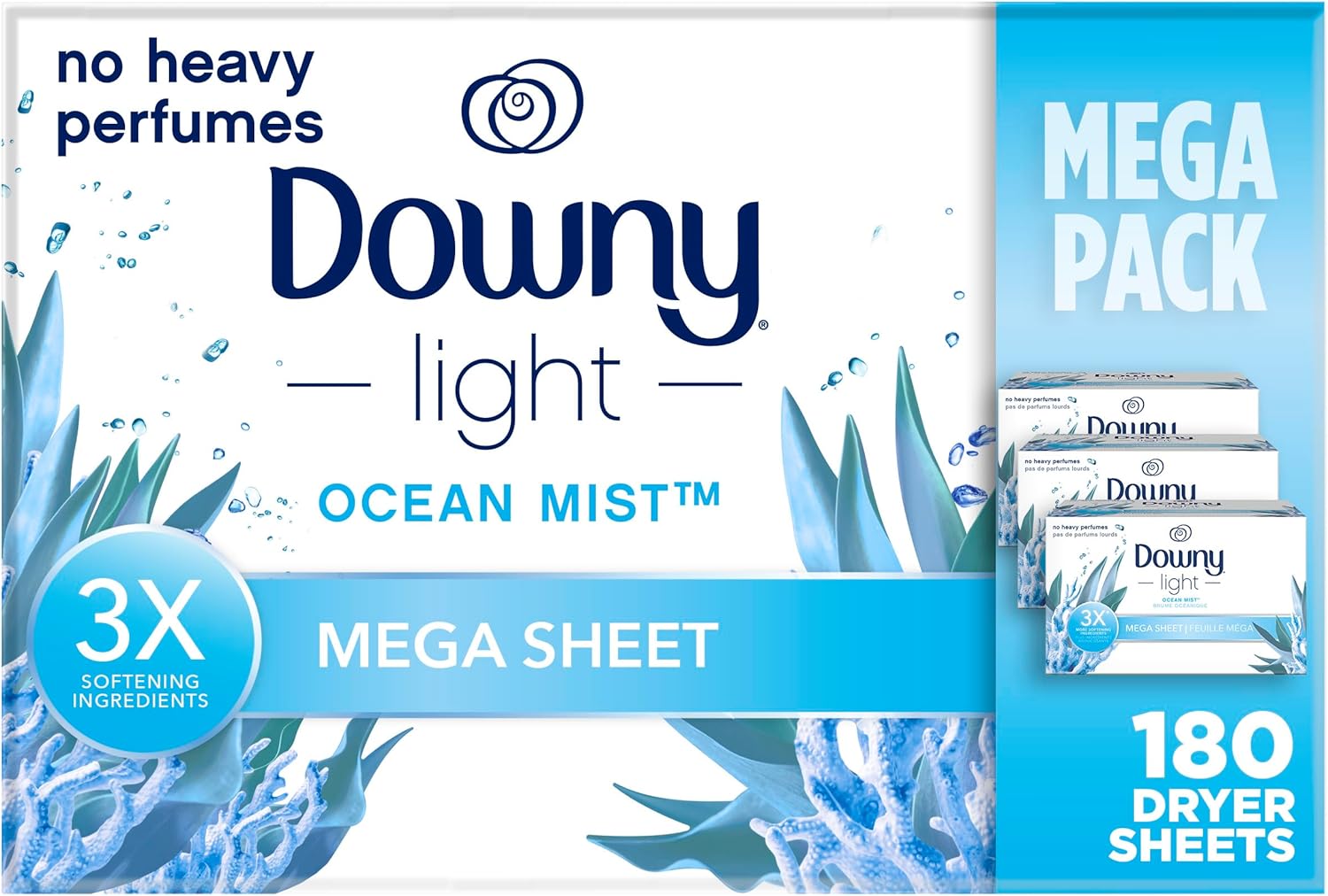 Downy Light Mega Dryer Sheets, Fabric Softener Dryer Sheets, Ocean Mist, 180 Count