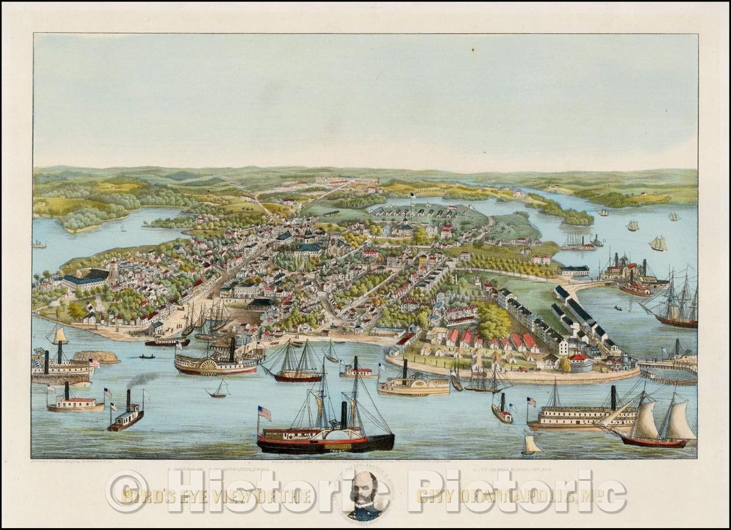 Historic Map - Bird's Eye View of The City of Annapolis, MD, 1864, Charles Magnus - Vintage Wall Art 44in x 32in