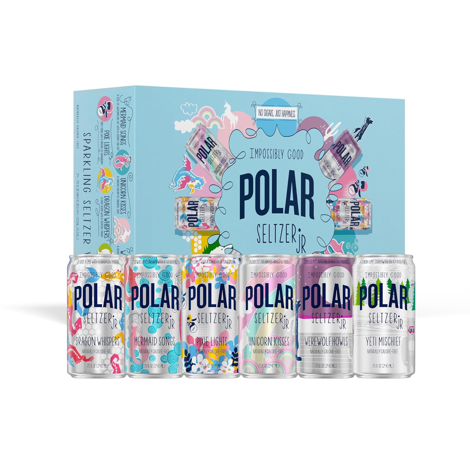 Polar Seltzer Jr Variety Pack, 7.5 fl oz cans, 24 pack, Six Flavors, Mini Cans, No Sugar, No Sweeteners
