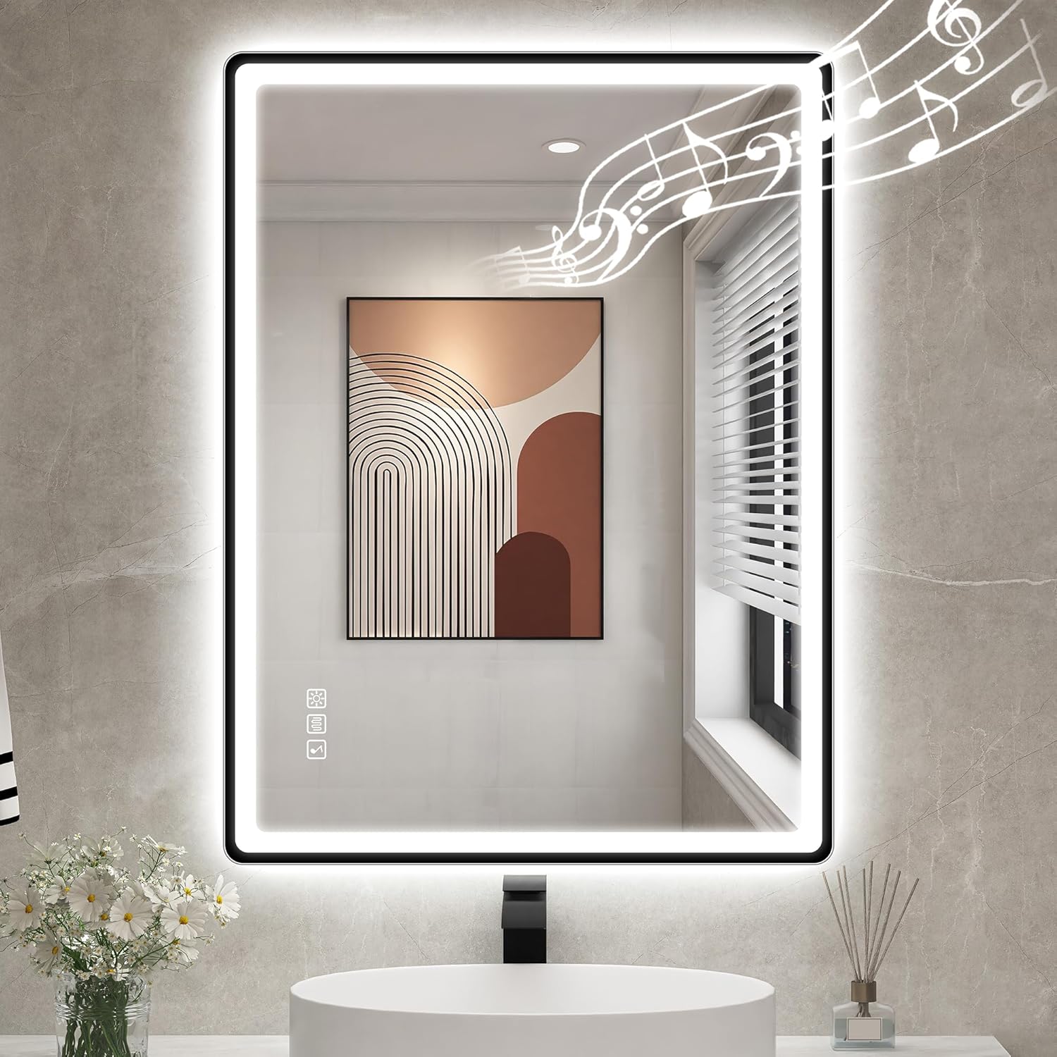 STARLEAD 600x800 mm Black-Bathroom-Mirror-with-LED-Lights and Bluetooth, LED-Bathroom-Mirror-Wall-Mounted with Anti-fog, 3 Colours Dimmable, Memory Function, IP44, Tempered Glass, Horizontal/Vertical