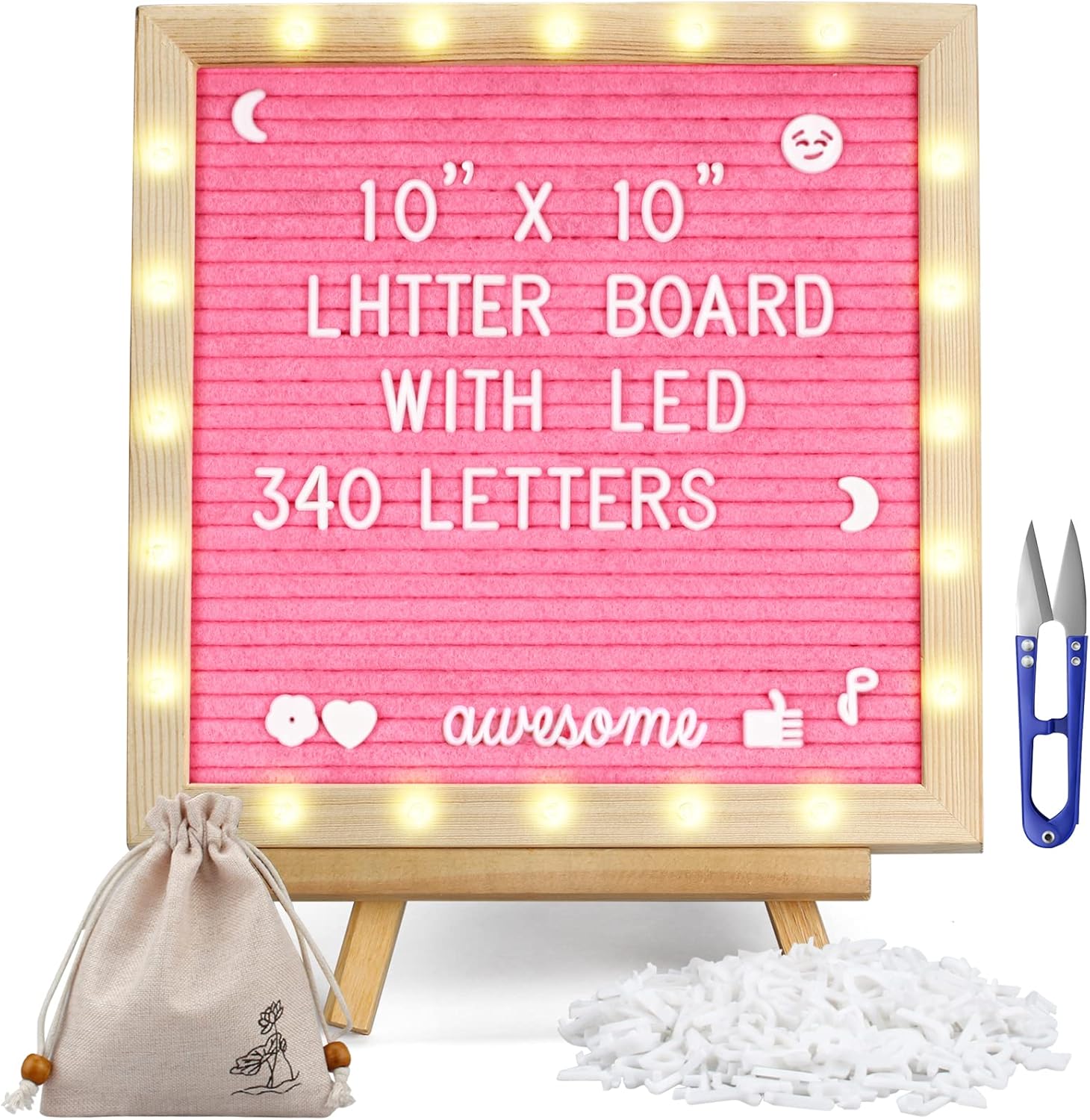Pink Felt Letter Board with Lights, Built-in LED Lights -Message Board Adjustable Stand, 340 Letters and Christmas,- for Menus, Pregnancy Announcement, Weddings, Party Planning(10 * 10)