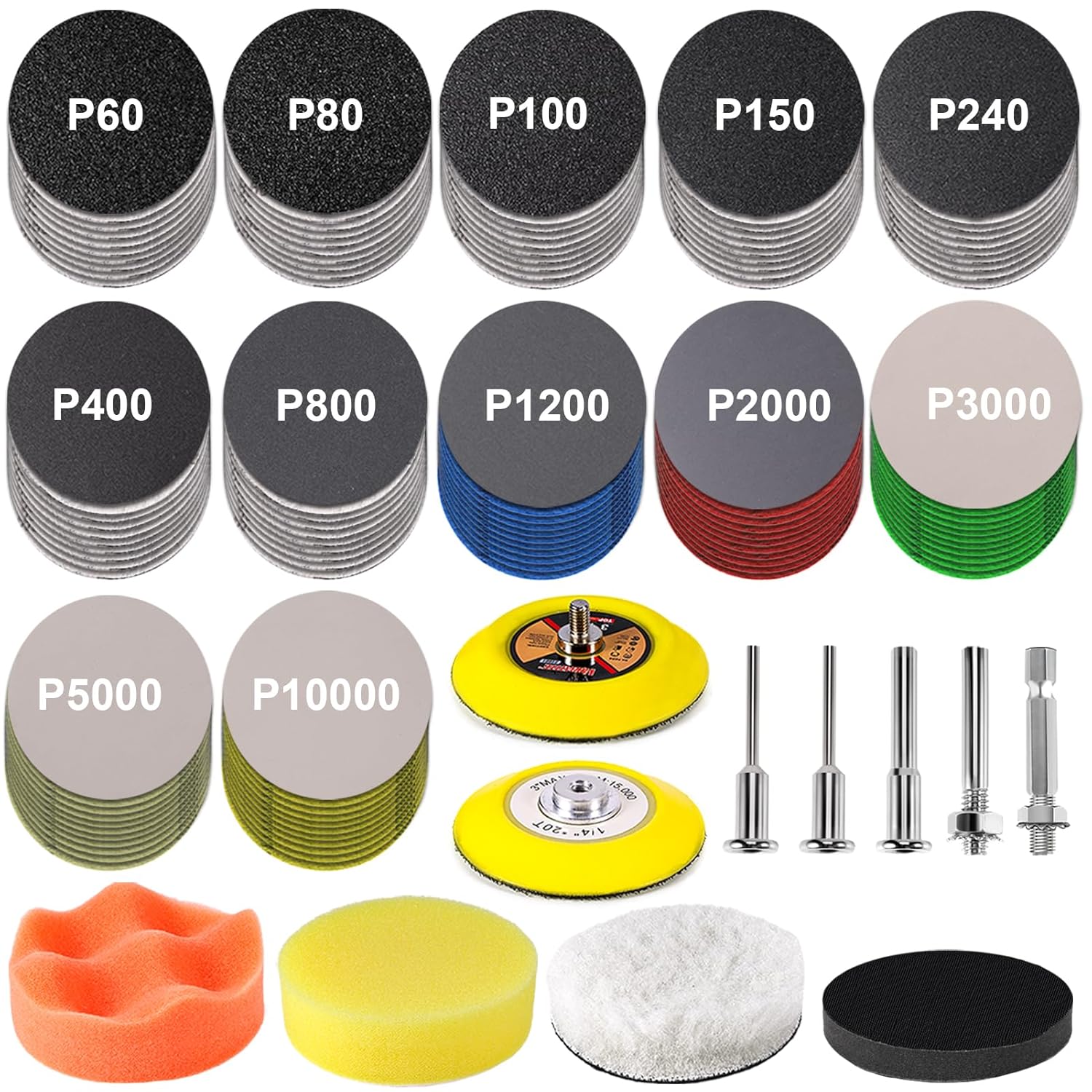 131 Pieces 3 Inch Sanding Discs, GOH DODD Headlight Restoration Kit Hook and Loop Sanding Pads 60 to 10000 Grit Wet Dry Sandpaper with 1/8" 1/4” Shank, Backer, Polishing Pads and Interface Pad