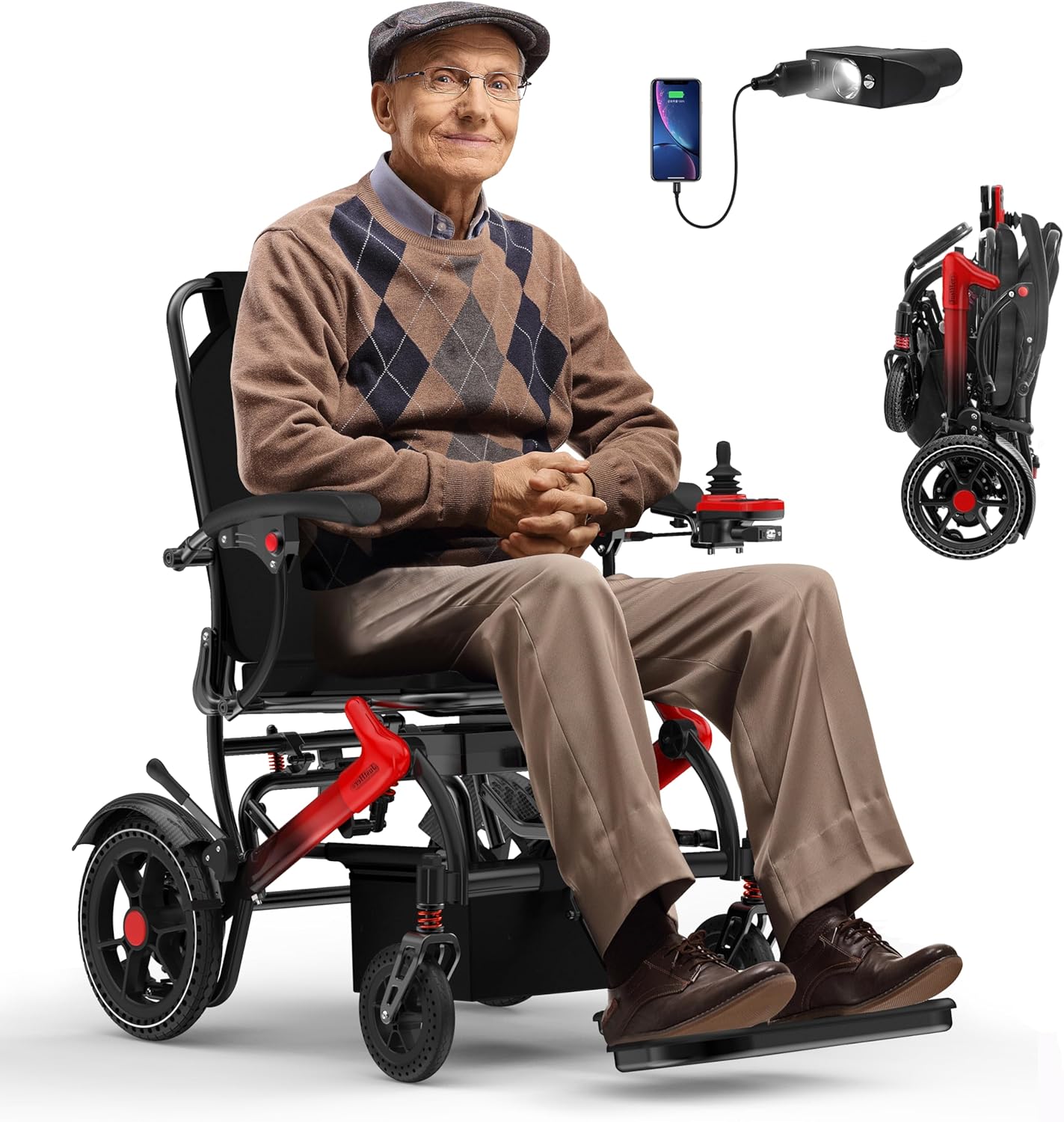 Electric Wheelchairs for Adults, Power Motorized Foldable Wheelchairs for Seniors Support 350 LBS, Only 36LBS Weight,15 Miles Range, Airline Approval & 500W Brushless Motors& LED Light(Red CoIor)